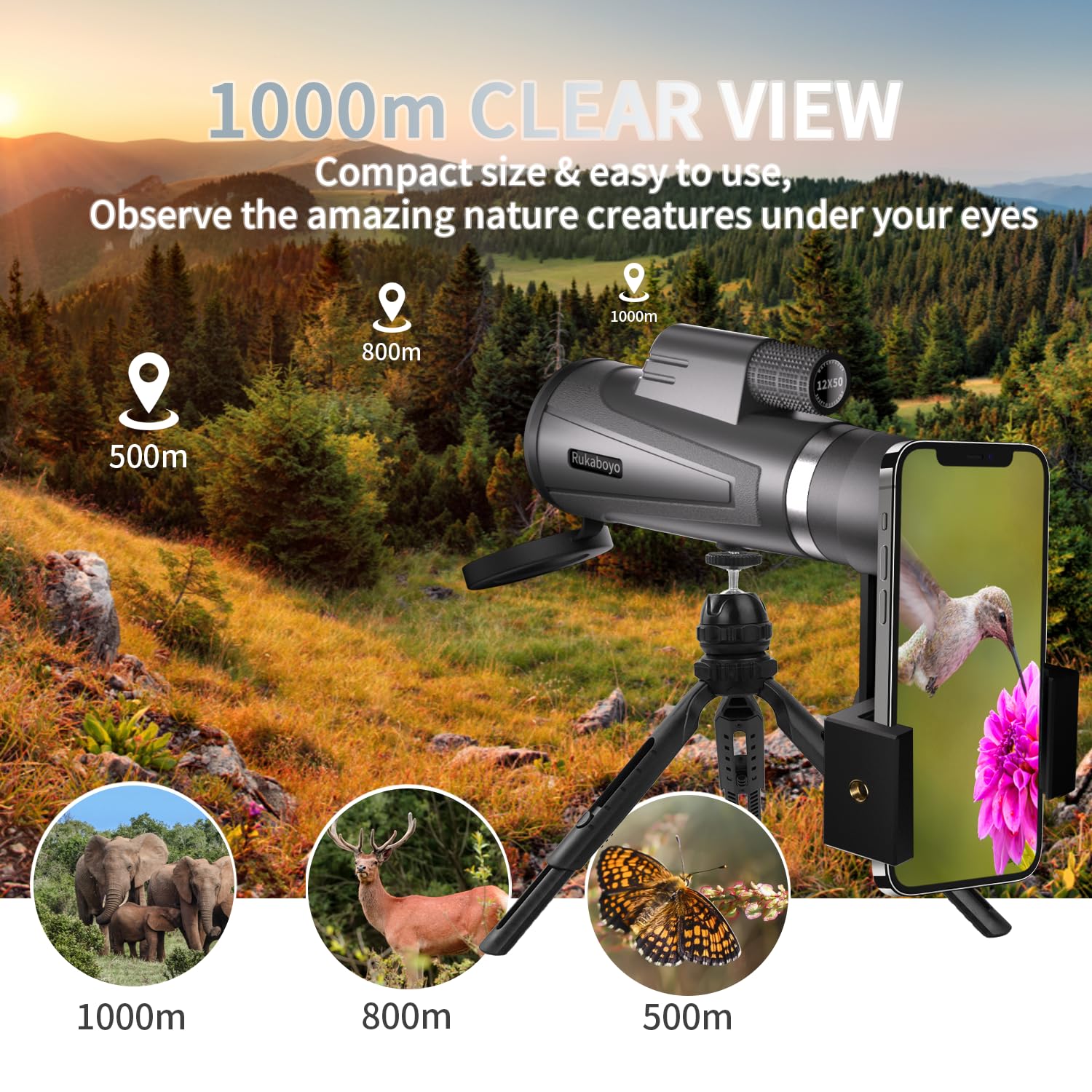 Digitgarden Hd Monocular Telescope High Powered With Smartphone Adapter Tripod Bak4 Prism For Wildlife Bird Watching Hunting Travel Camping Stargazing Hiking (12X50 Hd Monocular)