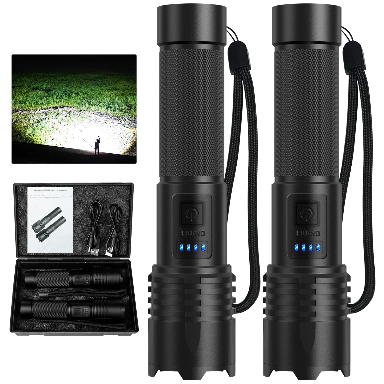 Qopoyu Led Flashlights High Lumens Rechargeable, 990000 Lumens Super Bright Flash Light Brightest Flashlight, 3 Modes Ipx7 Waterproof, High Powered Tactical Flashlights For Camping Emergencies (2 Pack)