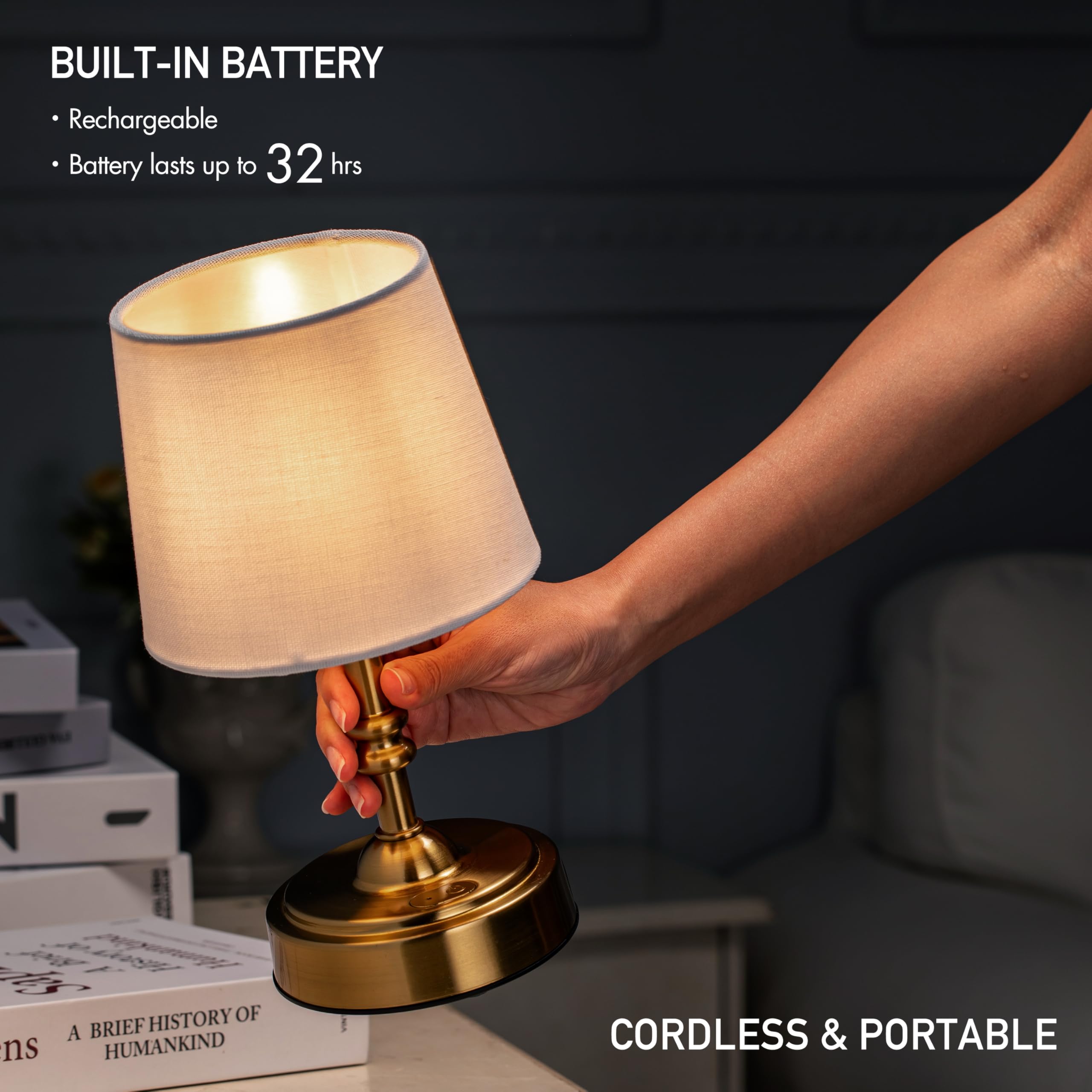 O'Bright O’Bright Seraph Mini – Cordless Led Table Lamp With Dimmer, Built-In Rechargeable Battery, 3-Level Brightness, Patio Table Lamp, Bedside Night Lamp, Ambient Light For Restaurant, Antique Brass