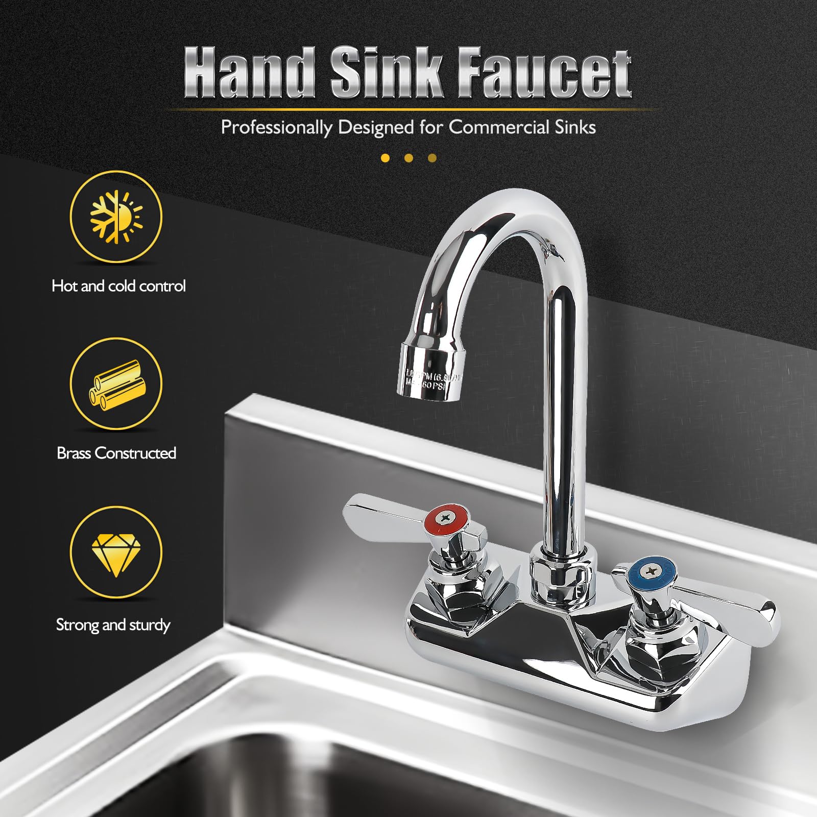 Zkdausdo  4 Inch Center Commercial Sink Faucet Wall Mount Kitchen Hand Sink Faucet, Ceramic Valve, Premium Brass, Chrome Finish, 3-1/2" Gooseneck Spout, Easy-Use Dual Lever
