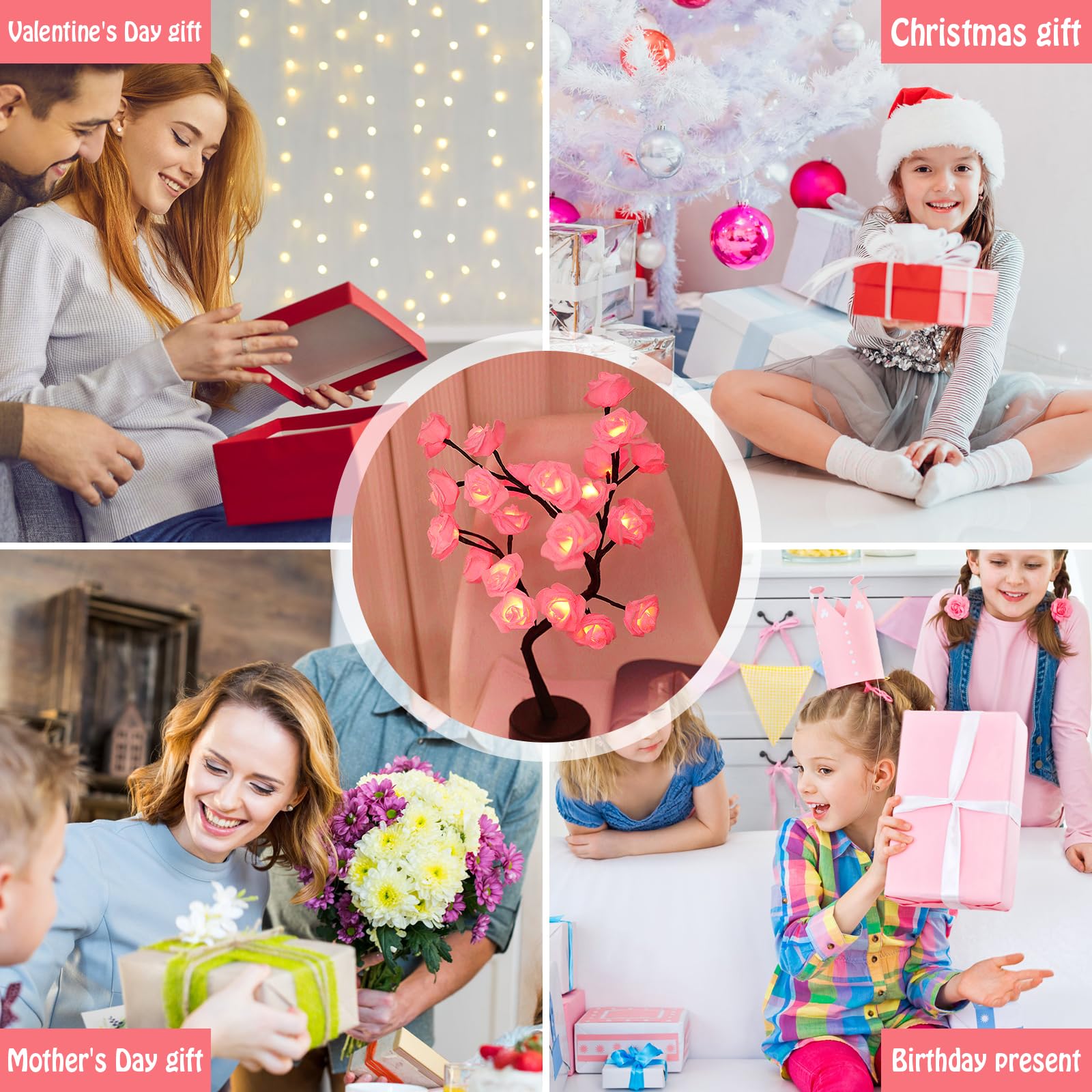 Bonlting Rose Flower Tree Lamp, Led Bedside Table Battery Powered Or Usb Adapter, Nightstand Light For Living Room, Bedroom, Office - For Mother'S Day Anniversary Birthday (Pink)