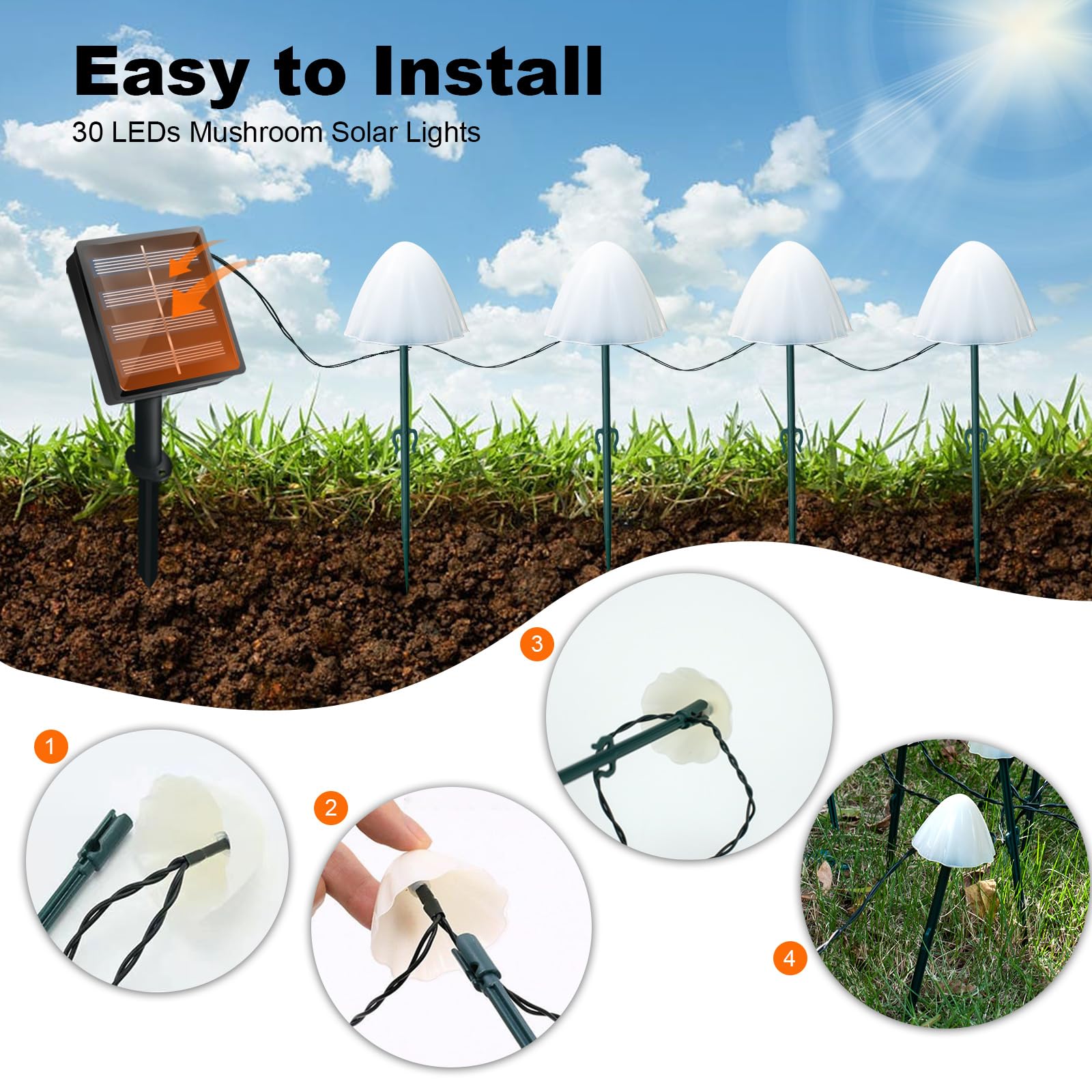 T4U888 30 Pcs Mushroom Solar Lights, 8 Modes Outdoor Fairy Lights With 8H Timer 800Mah Battery Waterproof Garden Light For Backyard Christmas(Warm White-1)