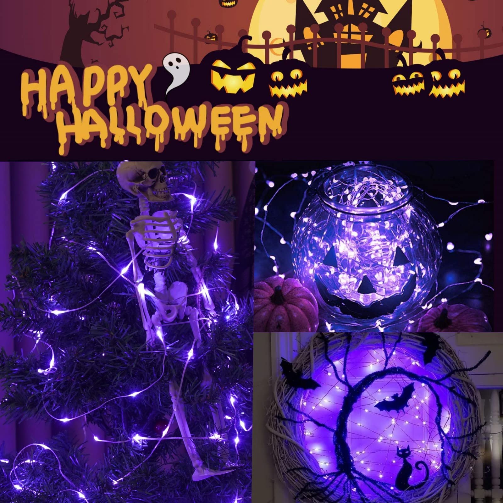Yeguo 4 Pack Total 400 Led Halloween Solar Fairy Lights/ 400 Led Halloween Icicle Lights (Purple)