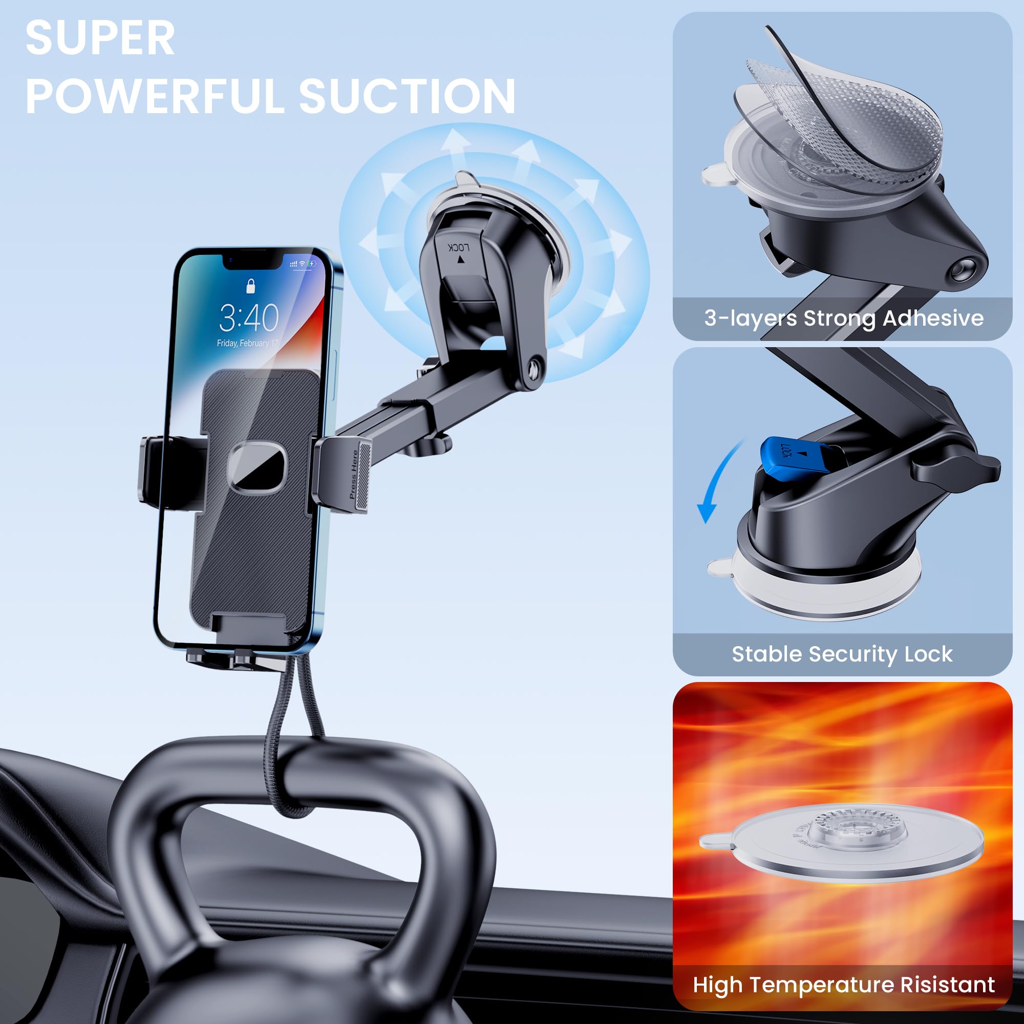 Guwez Phone Holder Car Mount For Iphone [Powerful Suction] Phone Mount For Car Dashboard Windshield Air Vent Universal Accessories [Thick Cases Friendly] Automobile Phone Holder Fit Iphone Smartphone