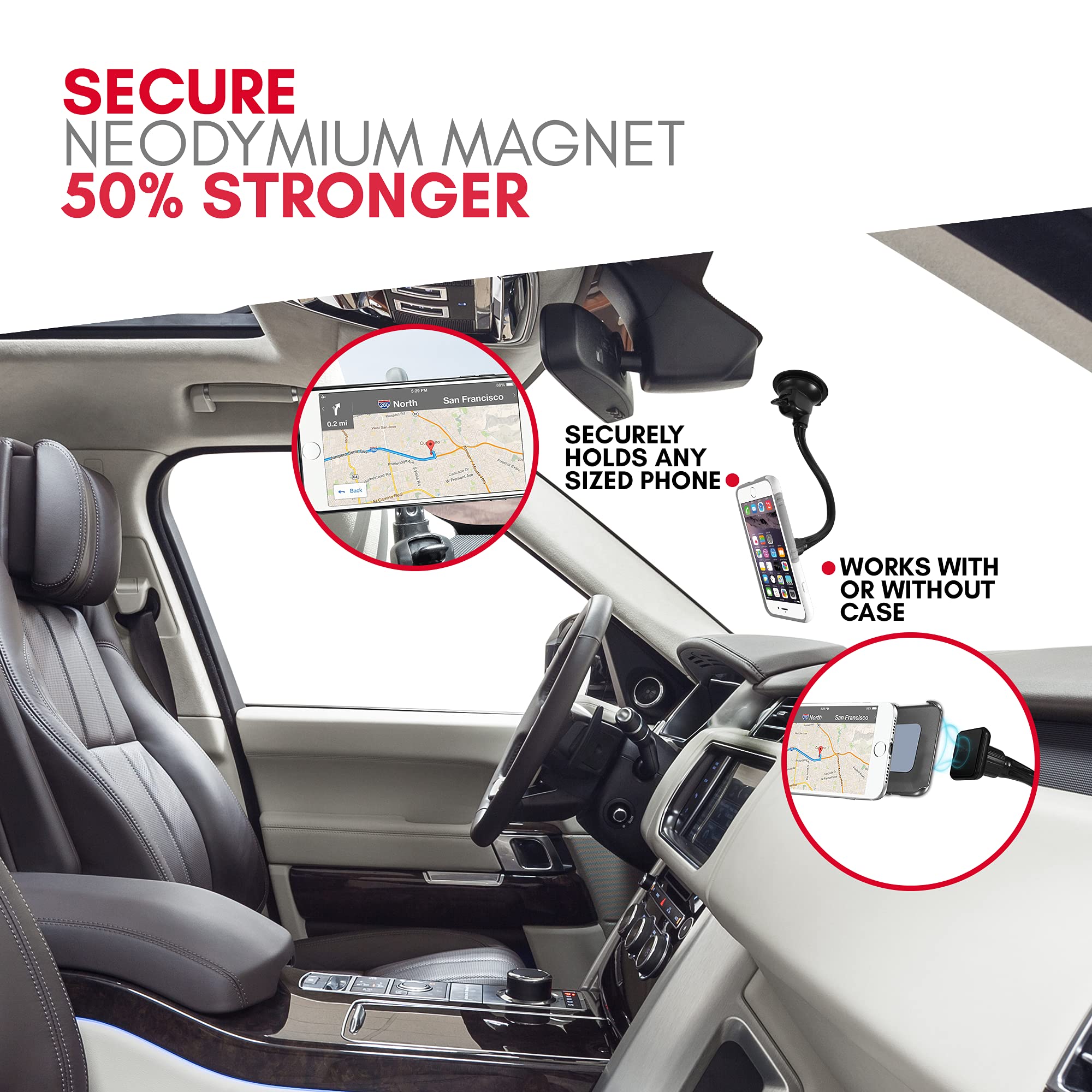 Macally Windshield Phone Mount For Car Magnetic - Suction Cup Window Mount Phone Holder With 8" Long Gooseneck Arm & Super Strong Magnet Mount For Smartphone And Iphone