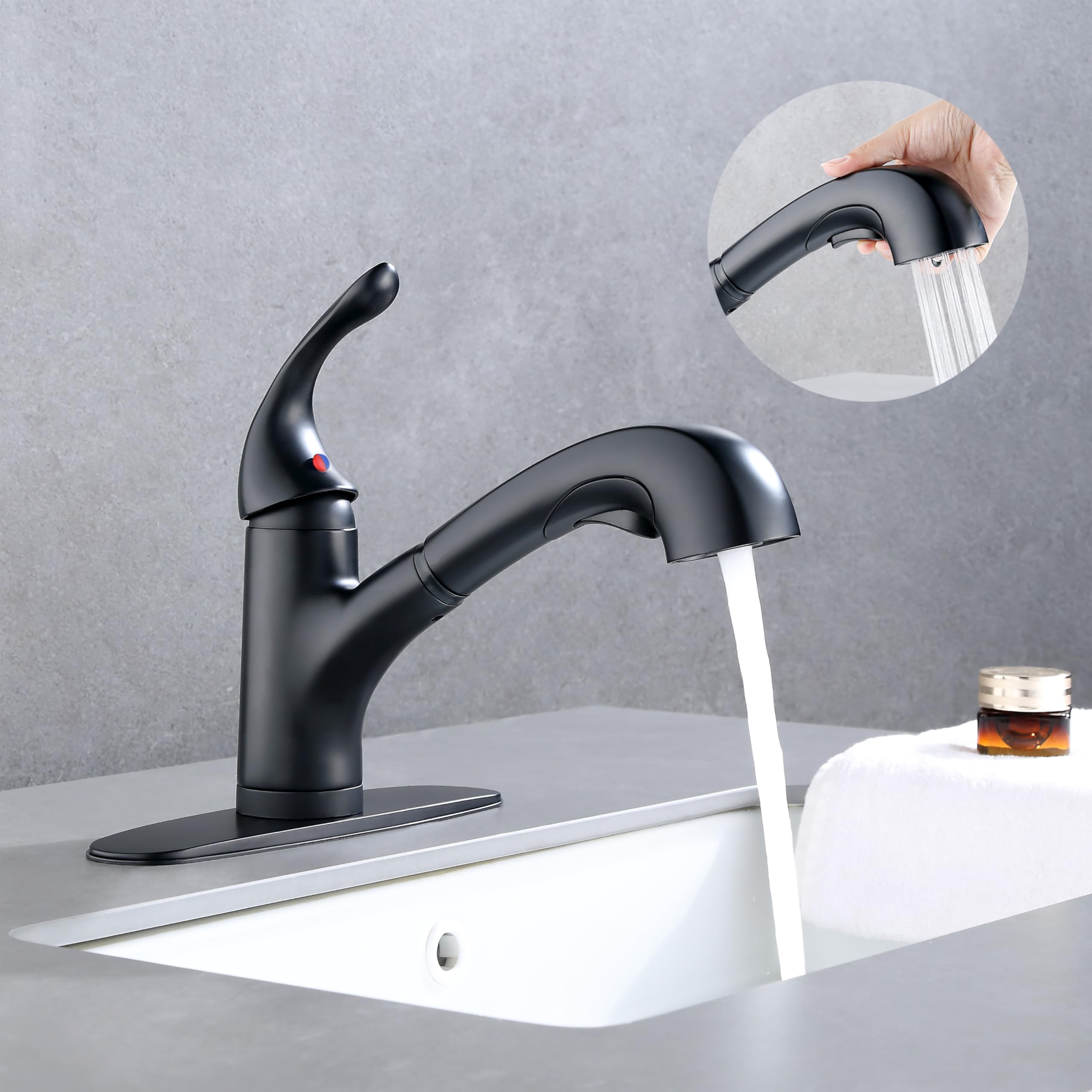 Derengge Single Handle Pull Out Kitchen Faucet,Matte Black Kitchen Sink Faucet With Deck Plate For Farmhouse, Camper, Laundry, Rv, Bar,Ew-083F-Mt