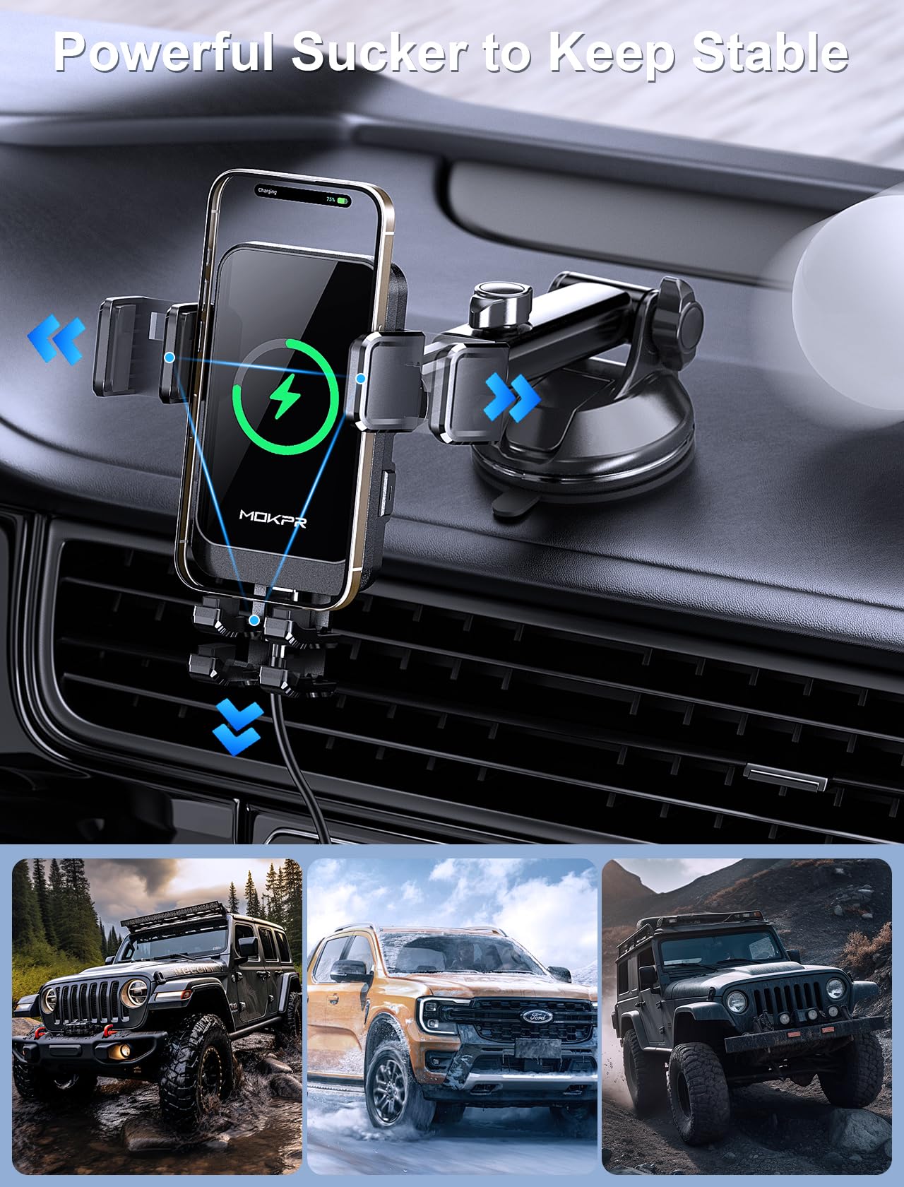 Mokpr Wireless Car Charger, 15W Fast Charging Auto Clamping Dashboard Windshield Air Vent Car Phone Holder With Led Light Car Charger For Iphone 16 15/14/13/12 Pro Max Plus, Samsung S23/S22/S21,Etc