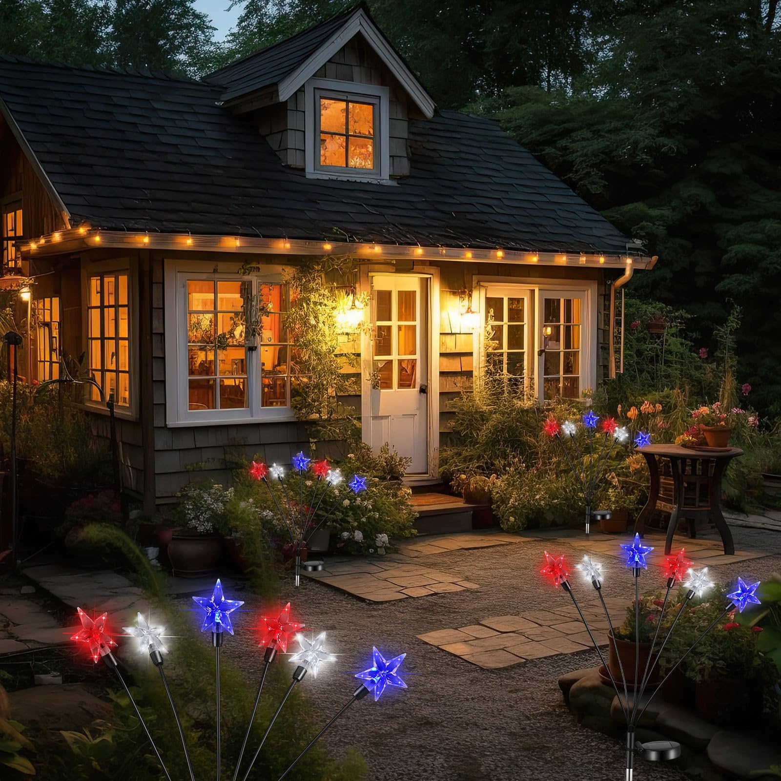 Tujoe 4 Pack Solar 4Th Of July Decorations Outdoor Lights, Red White And Blue 6 Led Star Stake Lights, Waterproof Patriotic Decorations For Independence Memorial Day Garden Yard Lawn Decor