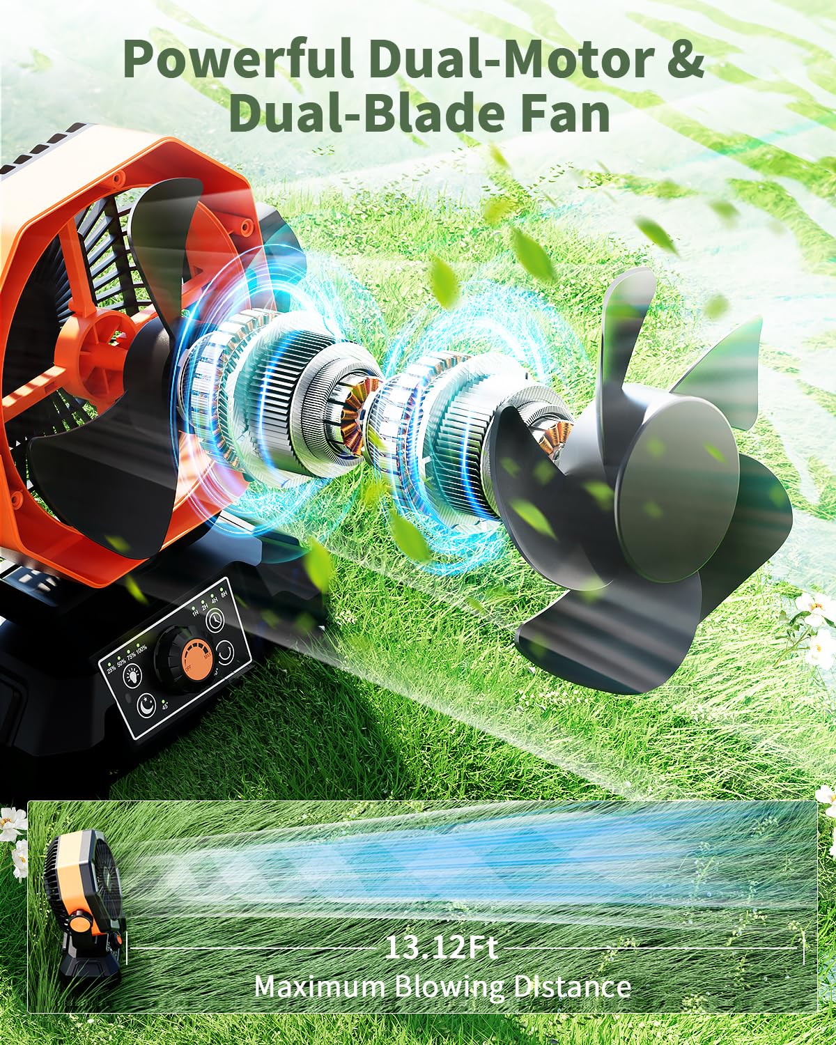 Portable rechargeable fan with 4 LED lanterns and 8 speeds perfect for outdoor adventures