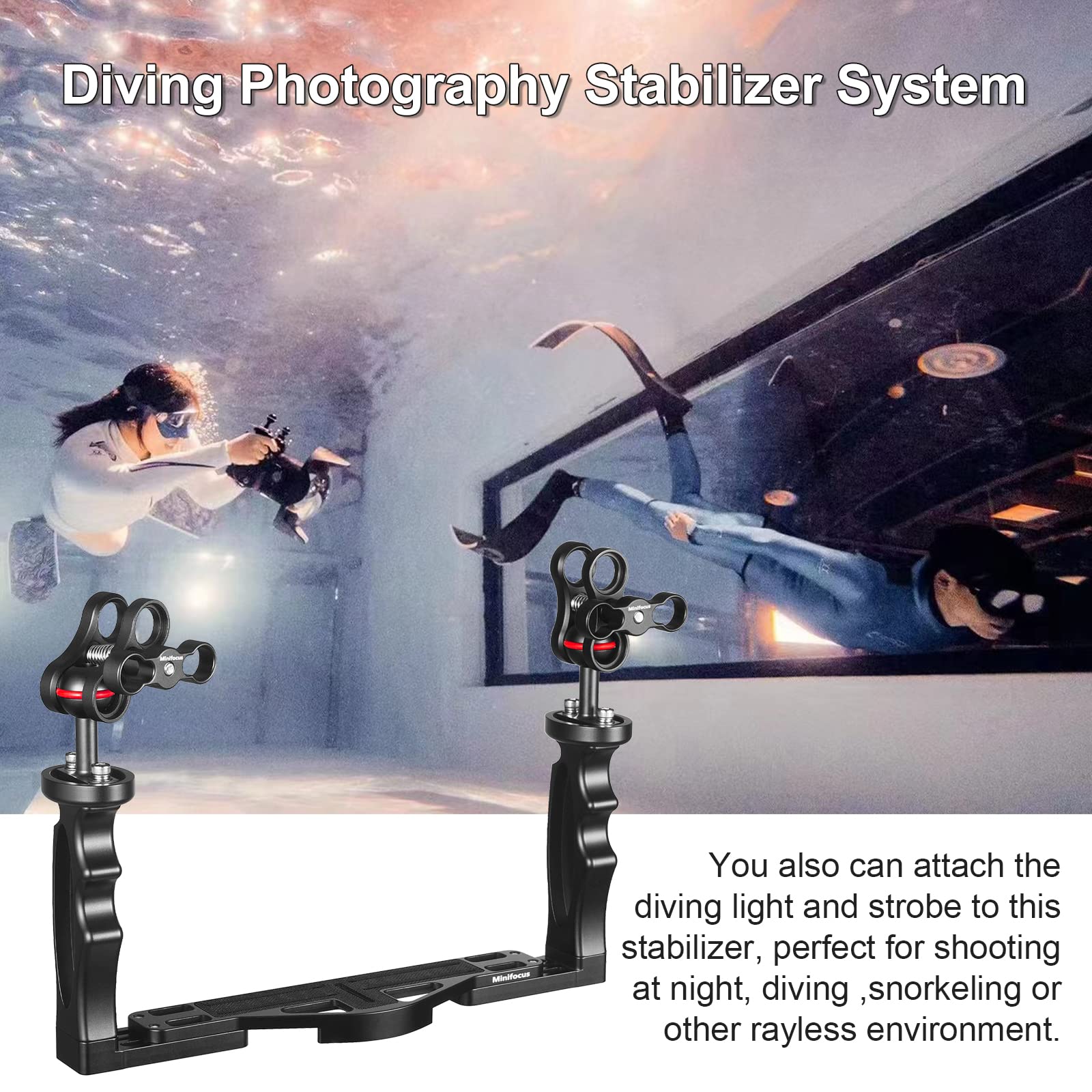 Minifocus Underwater Camera Handle Tray Bracket, Dual Handle Extendable Aluminum Alloy Video Stabilizer Holder With 2 1'' Ball Clamp Mount For Underwater Camera Diving Housings