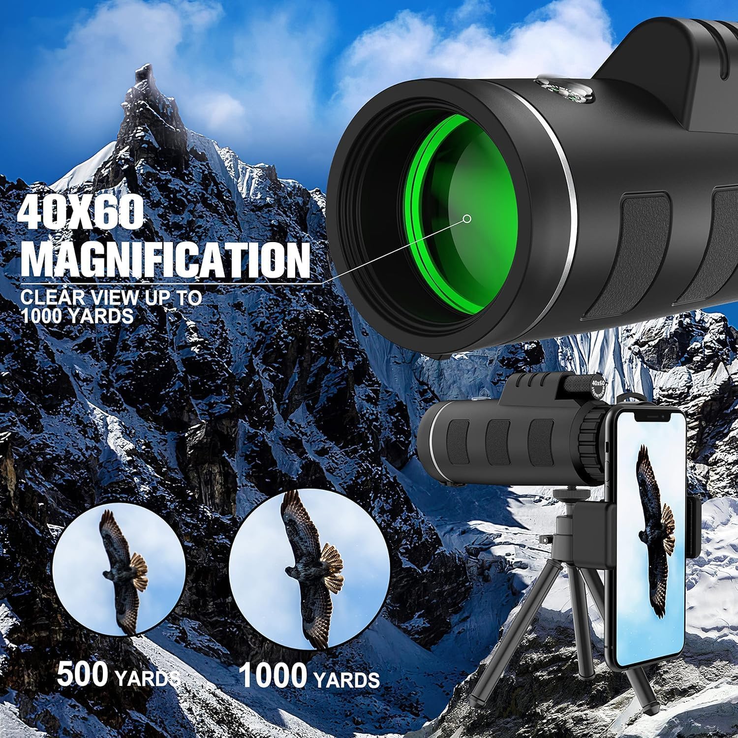 Hilarms 40X60 Hd Monocular Telescope, Monoculars For Adults High Powered With Smartphone Adapter & Tripod, Hiking Gear Night Vision Hunting Camping Star Watching Bird Wildlife
