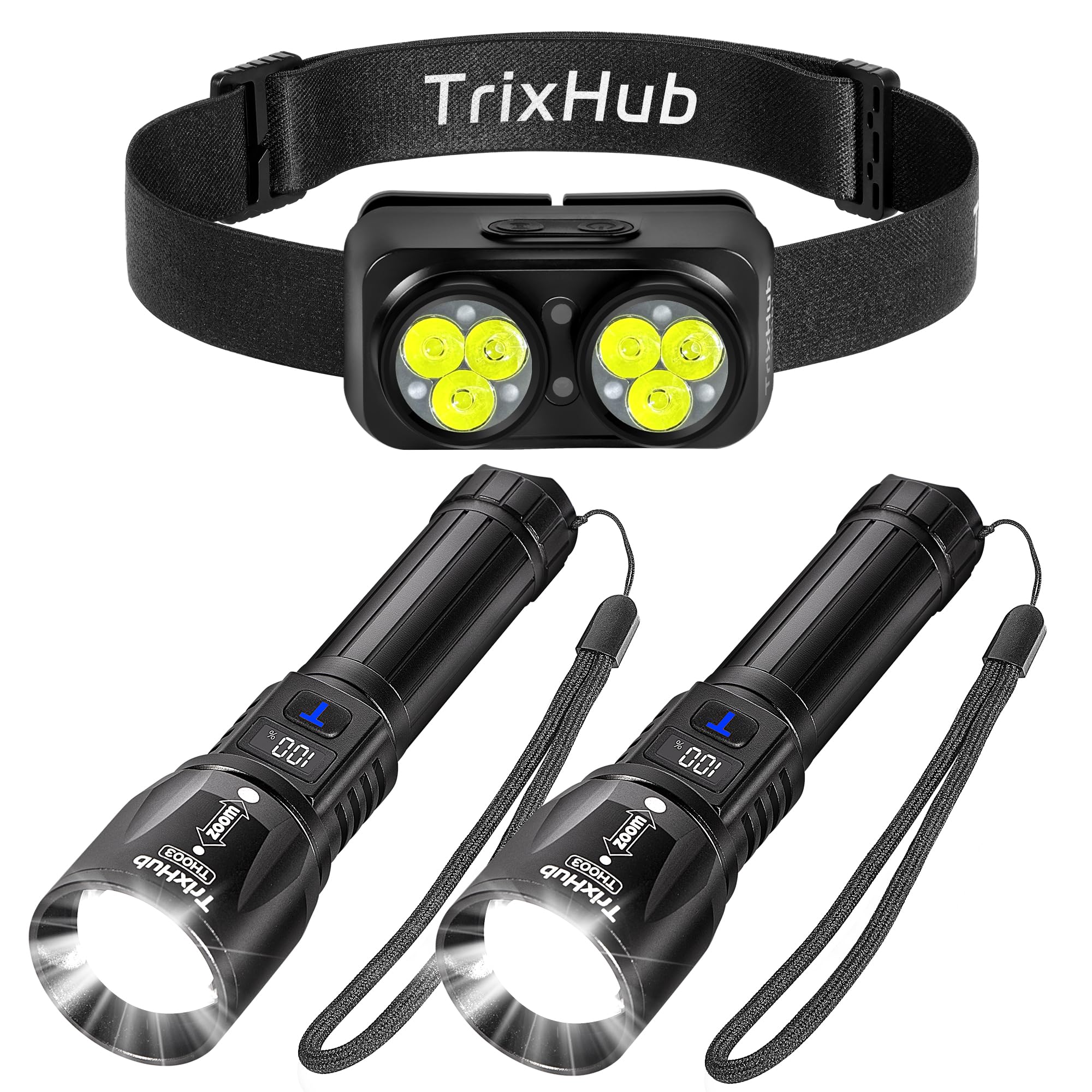 Trixhub Rechargeable Flashlights 2 Pack, 990,000 Lumens Super Bright Flashlight With Lcd Digital Display And Headlamp Rechargeable, 18000-Lumen Super Bright Camping Essentials