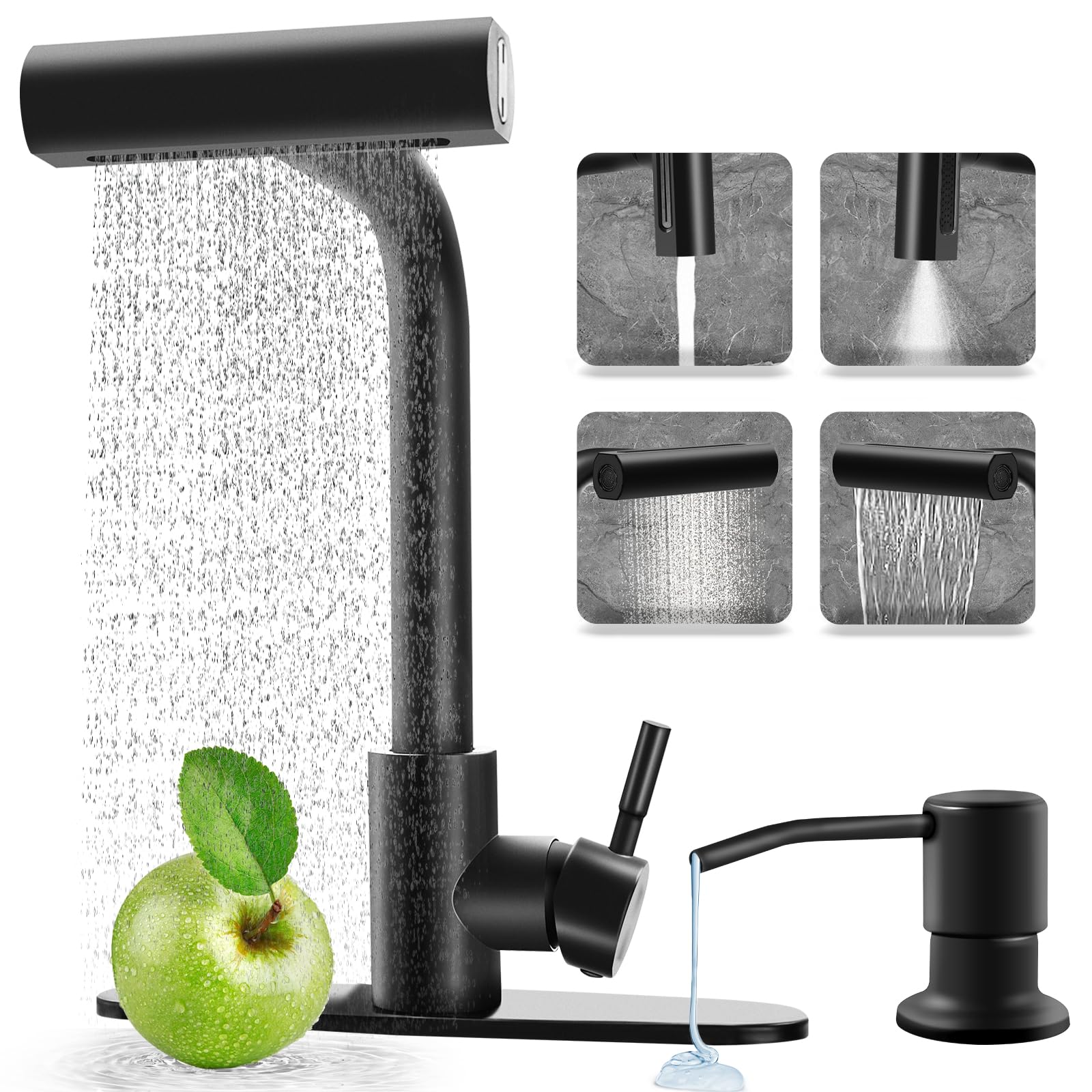 Wuevu Kitchen Faucets With 4 Modes Pull Down Sprayer, Matte Black Kitchen Sink Faucet With Soap Dispenser, Stainless Steel Modern Waterfall Faucet For Kitchen Sink, Bar, Laundry, Rv