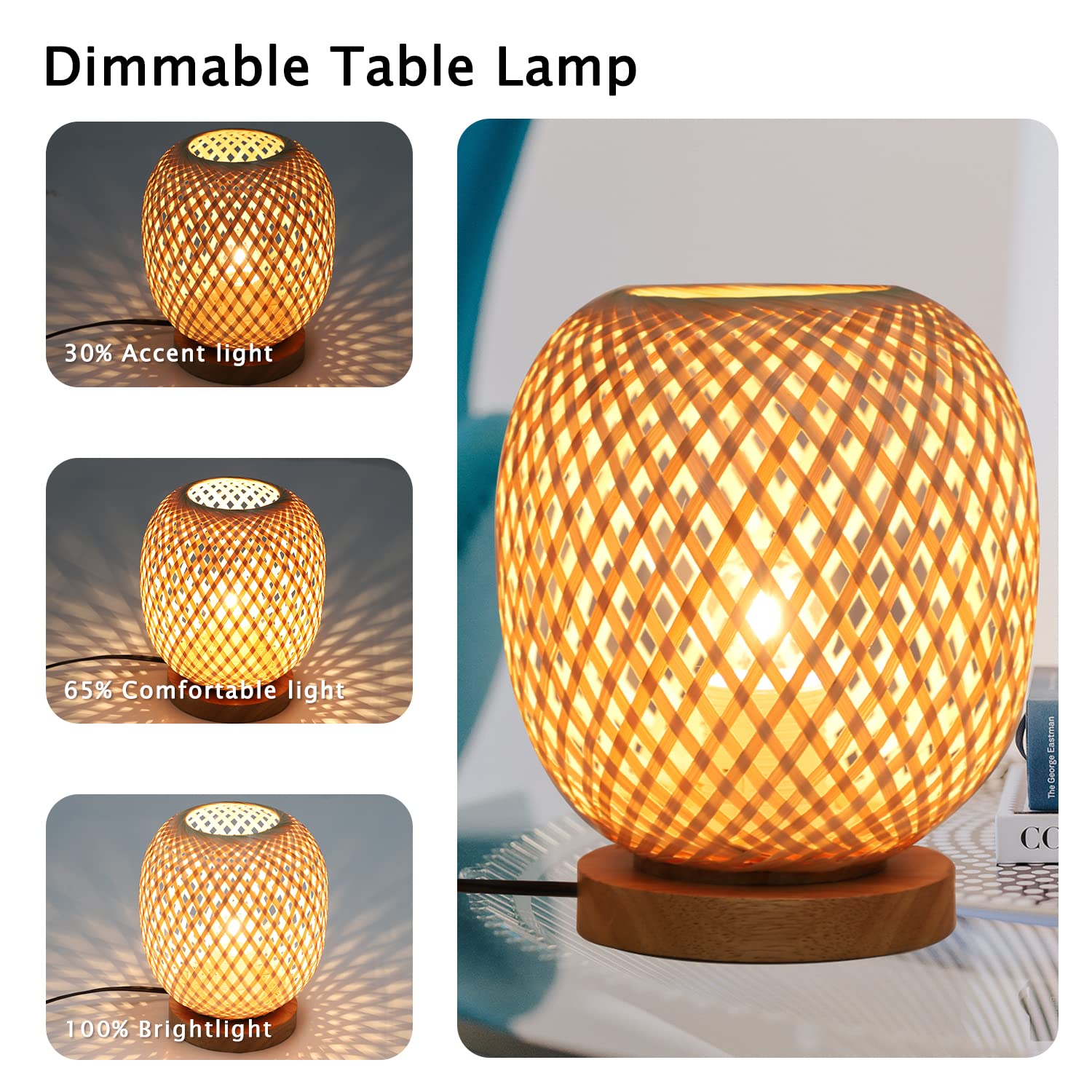 Capslpad Dimmable Rattan Table Lamp - Bamboo Woven Handmade Boho Beside Light, Small Wicker Desktop Nightstand Accent For Kids Living Room, Bedroom, Dorm Decor