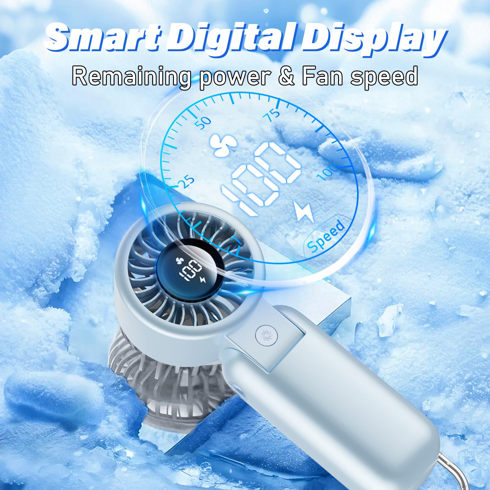 Handheld Fan - Portable Hand Held Turbo Fan With Led Display, 5 Speeds, Neck Lanyard, Usb