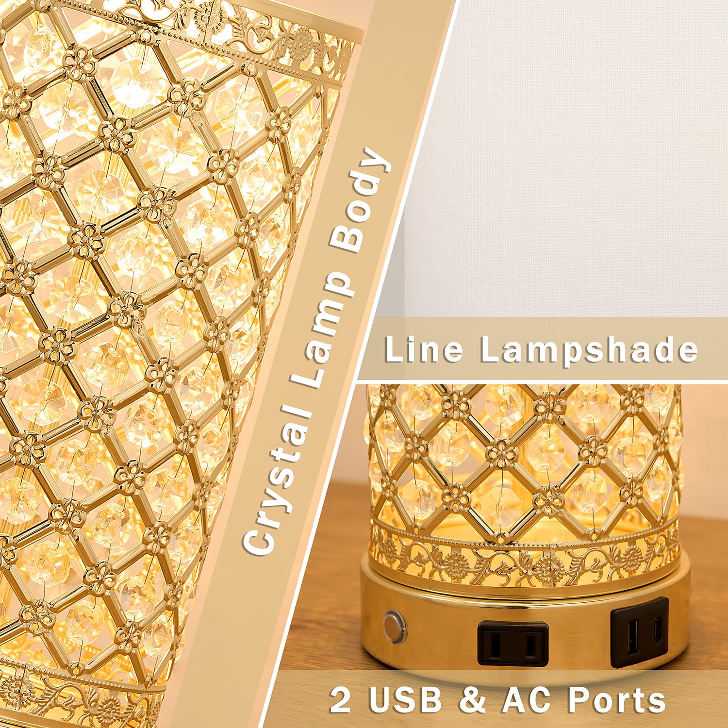 Saiweya 24" Modern Crystal Table Lamp Set Of 2-Gold Bedroom Lamps 3-Way Dimmable Touch Lamp With Night Light, 2 Usb Ports + Ac Outlet Bedside Night Stand Lamp For Living Room Office (Gold-2 Pack)