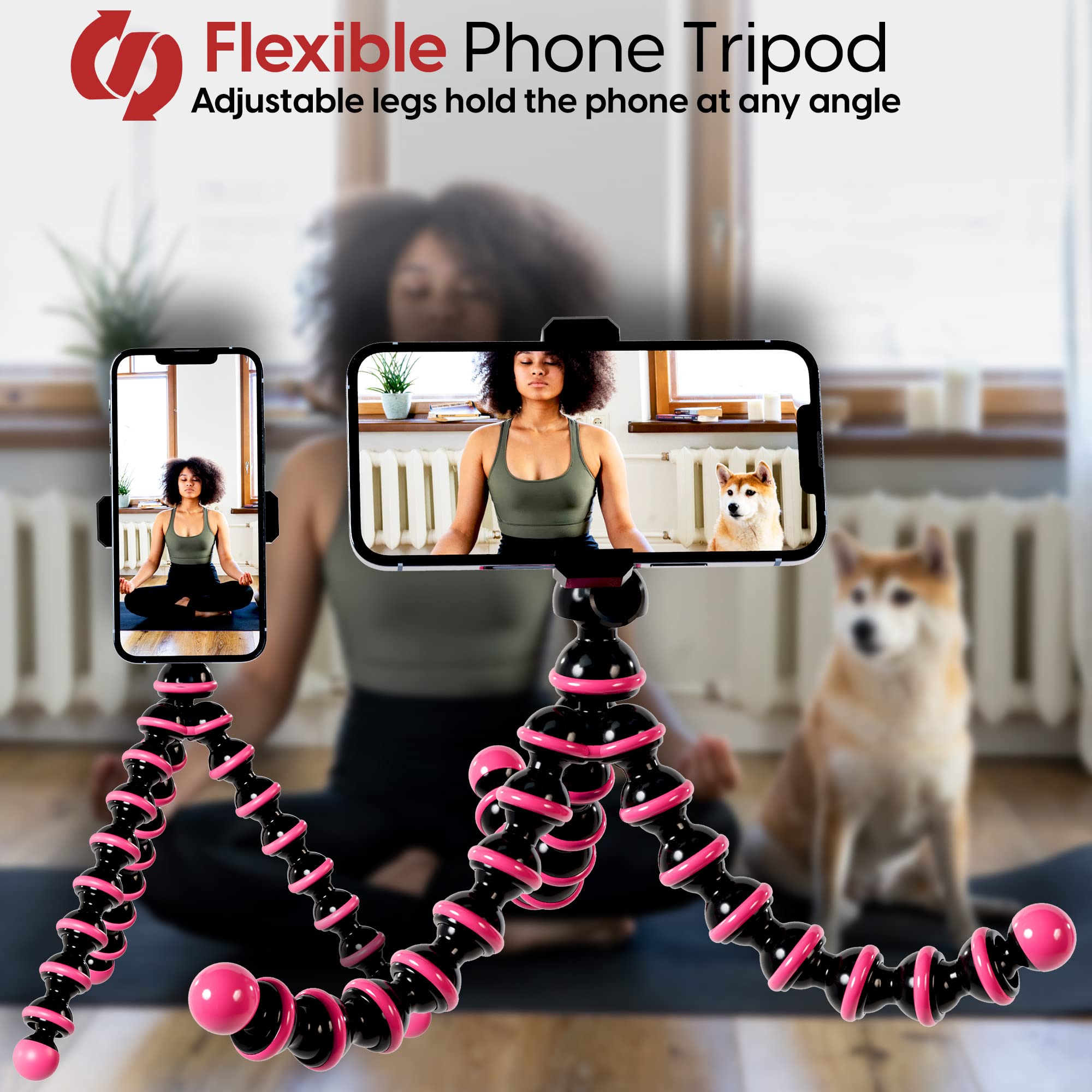 Talkworks Flexible Tripod For Iphone, Android, Camera - Bendable Legs, Adjustable Stand Holder With Mini Wireless Remote For Selfies, Vlogging, Beauty/Makeup, Live Streaming/Recording - Pink