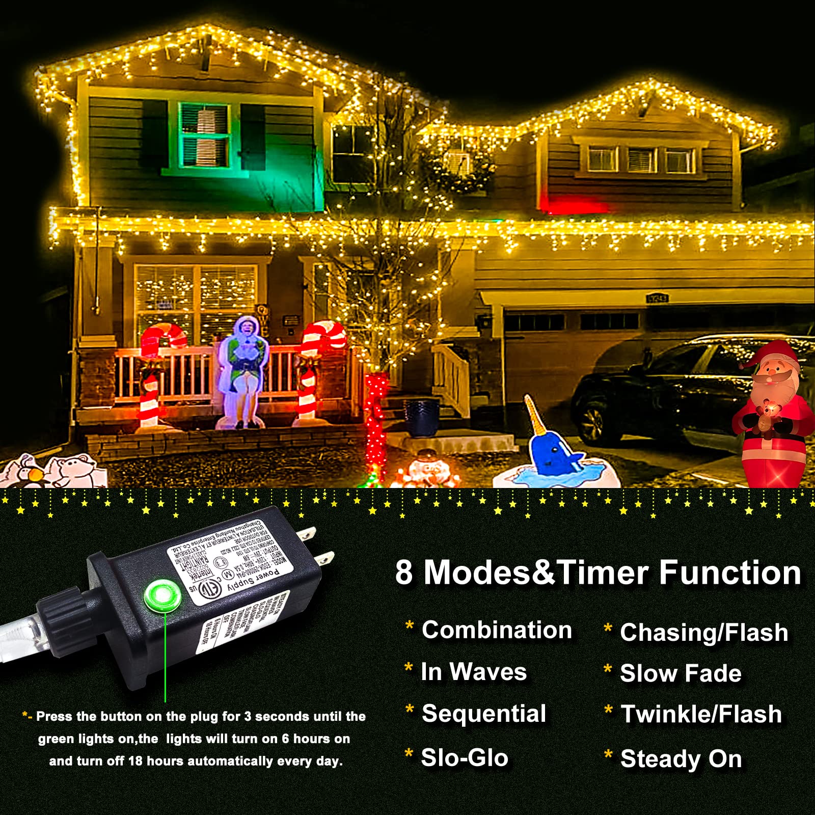 Einiiya 400 Led Christmas Lights Outdoor Waterproof, 33Ft Icicle Lights For Outside 8 Modes With 75 Drops, Plug In Icicle Christmas Light Outdoor For Holiday Wedding Christmas Decorations, Warm White