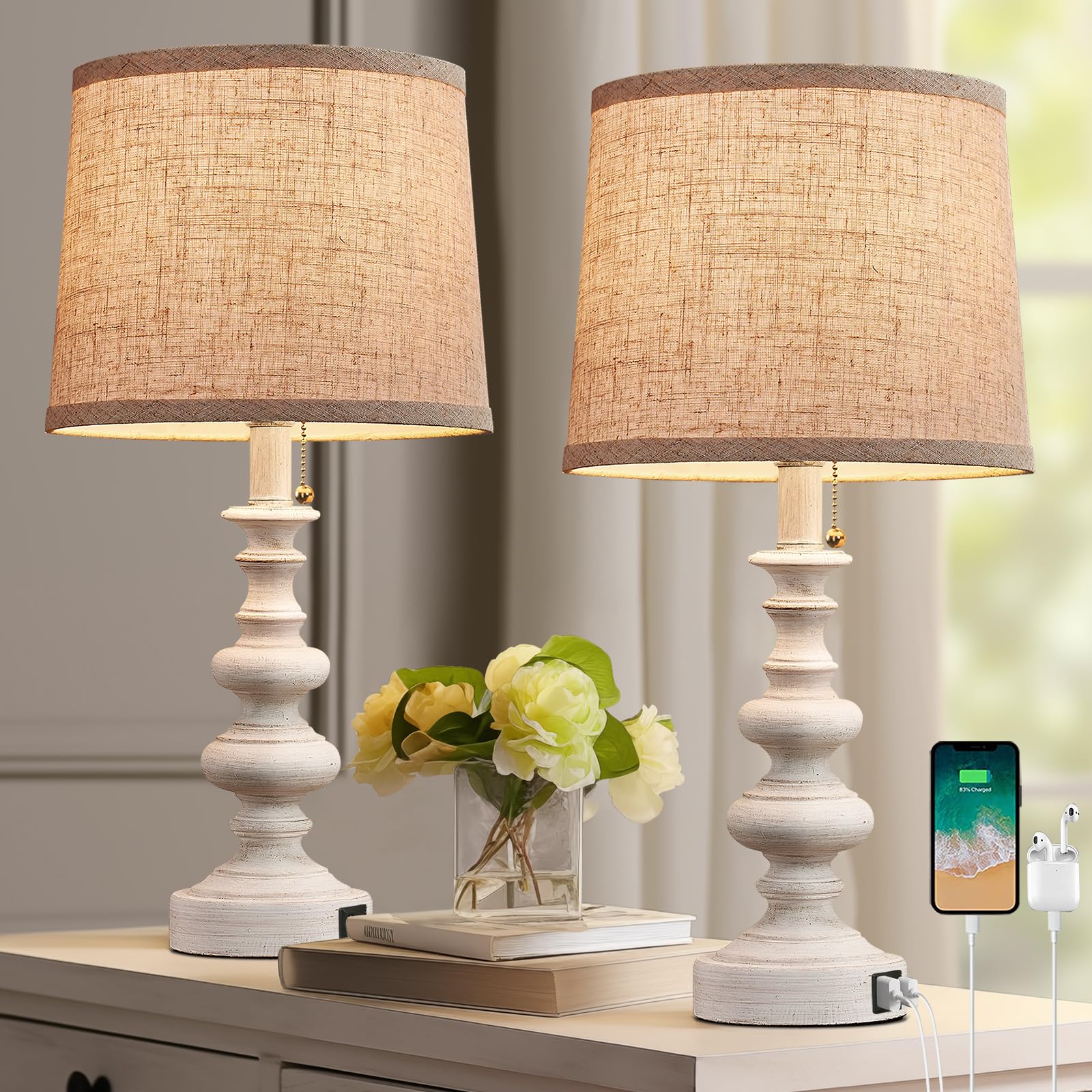 Bowobo 21'' Farmhouse Table Lamps For Bedroom Set Of 2 Rustic Bedside Lamps For Nightstand With Usb A+C Ports White Side Table Lamps For Living Room End Table Office Pull Chain