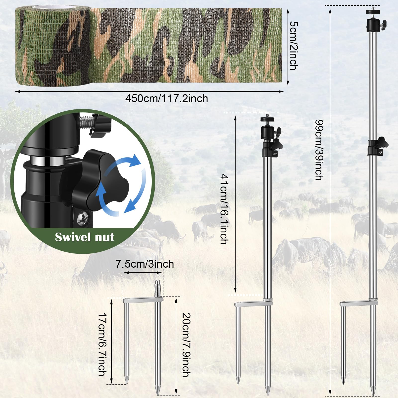 Morningro 1 Pack Trail Camera Stand Mount Foldable Stainless Steel Game Camera Stand Bracket 360° Adjustable 1/4''-20 (6Mm) Screw Connection Trail Stake With Camo Wrap Tapes For Deer Cam Accessories