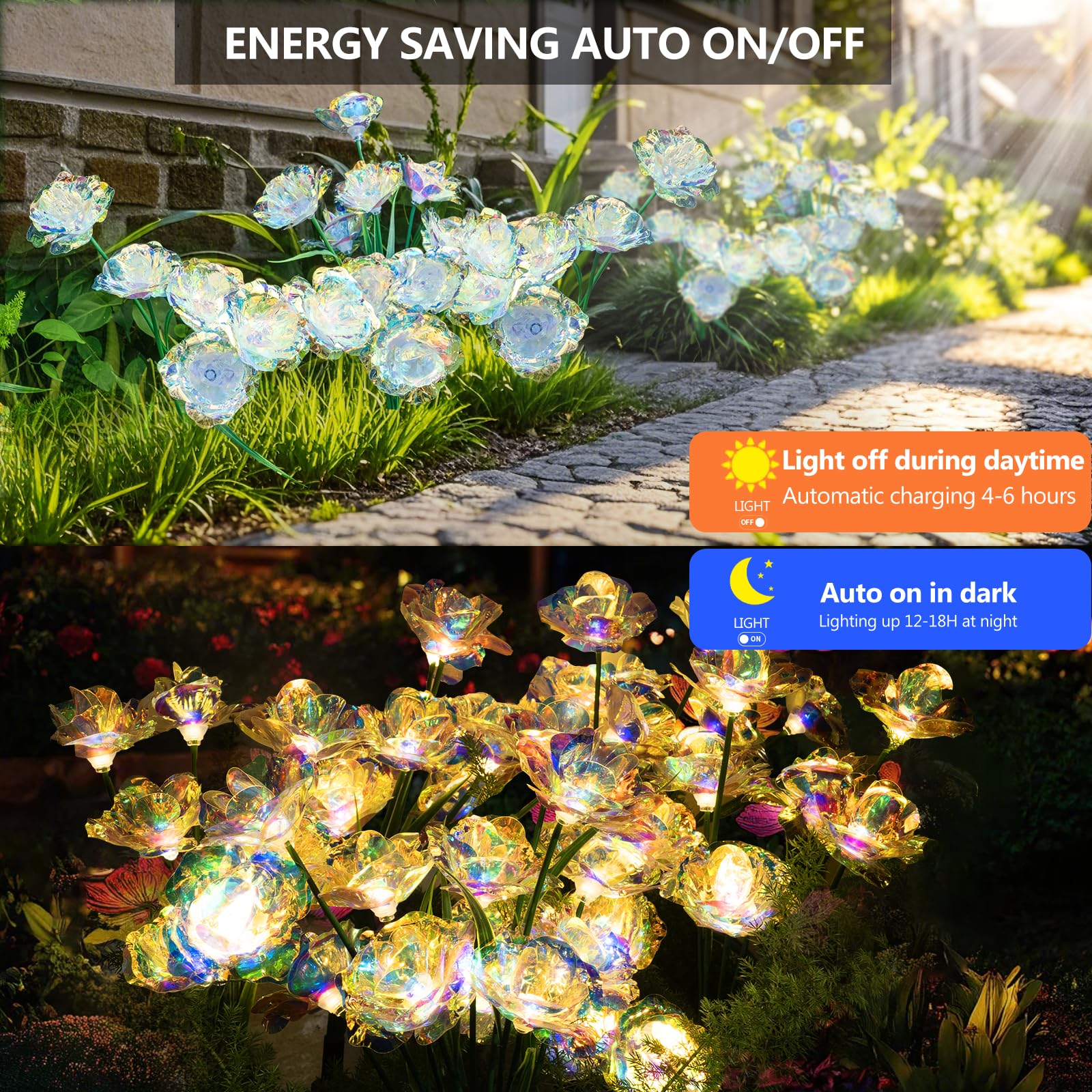 Flumy Solar Lights For Outside Gardening Supplies,Cemetery Decoration,Garden Decoration，Christmas Decoration，Solar Lights Outdoor Waterproof Rose Flowers 8-Head Garden Lights 2 Pack