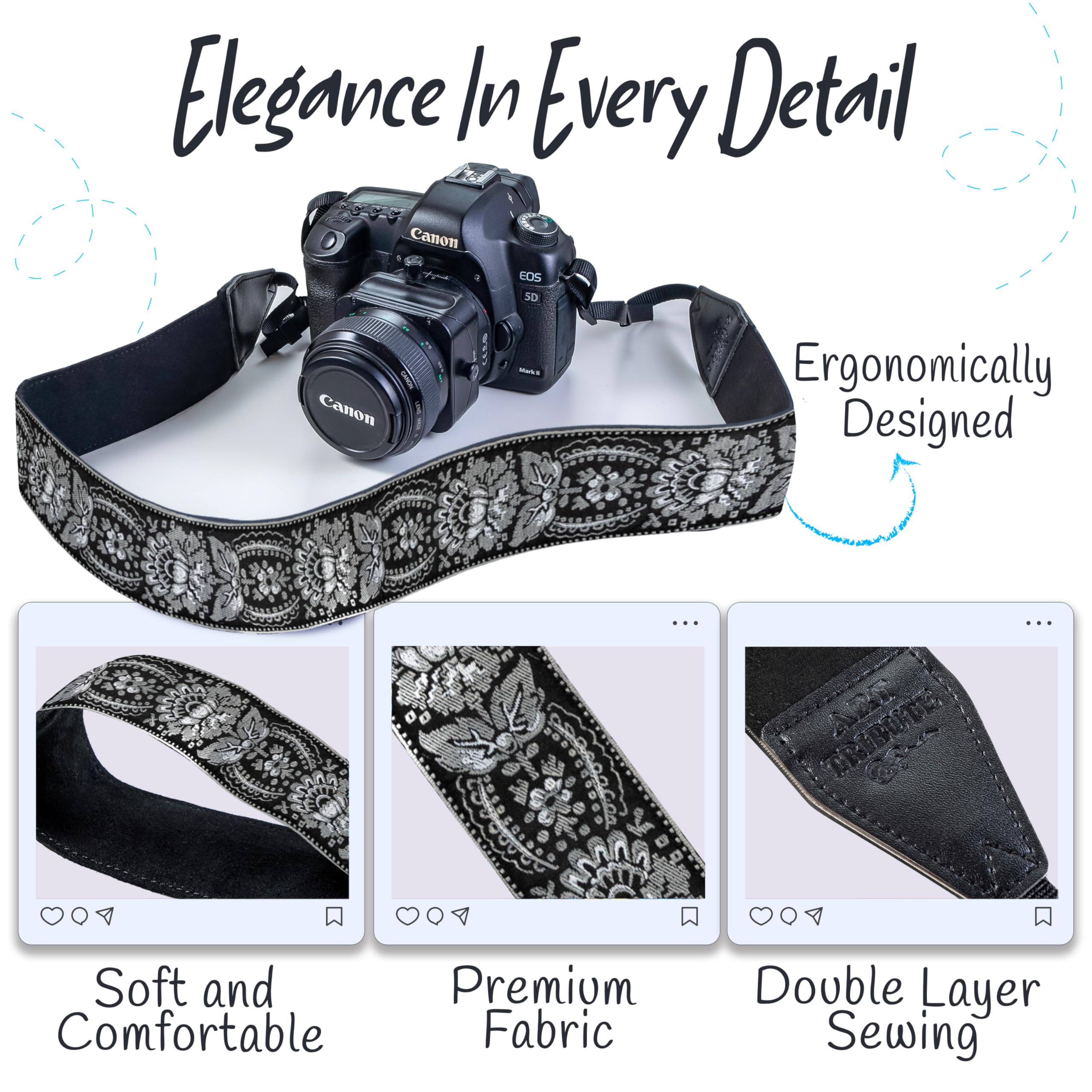 Art Tribute Camera Strap For All Dslr And Mirrorless Camera Including Binoculars. Embroidered Silver & Black Woven Strap Universal Neck Crossbody & Shoulder Belt,  For Photographers Men & Women