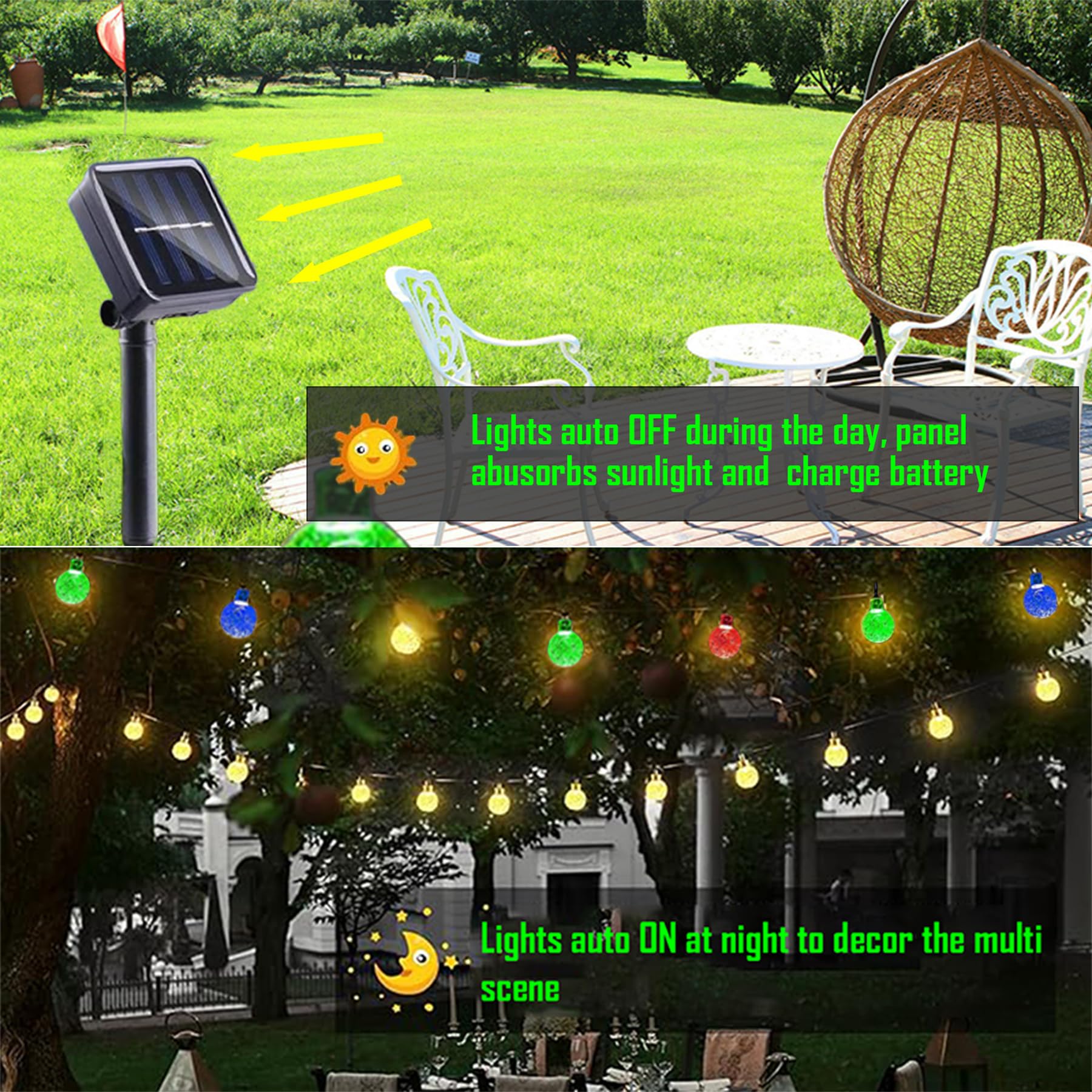 Hbwonfur Solar String Lights Outdoor, 2 Pack Total 42Ft 60 Led Crystal Ball Waterproof Solar Powered Globe Lights For Garden, Lawn, Gazebo, Porch, Yard, Wedding, Outdoor Decorations (Warm White)