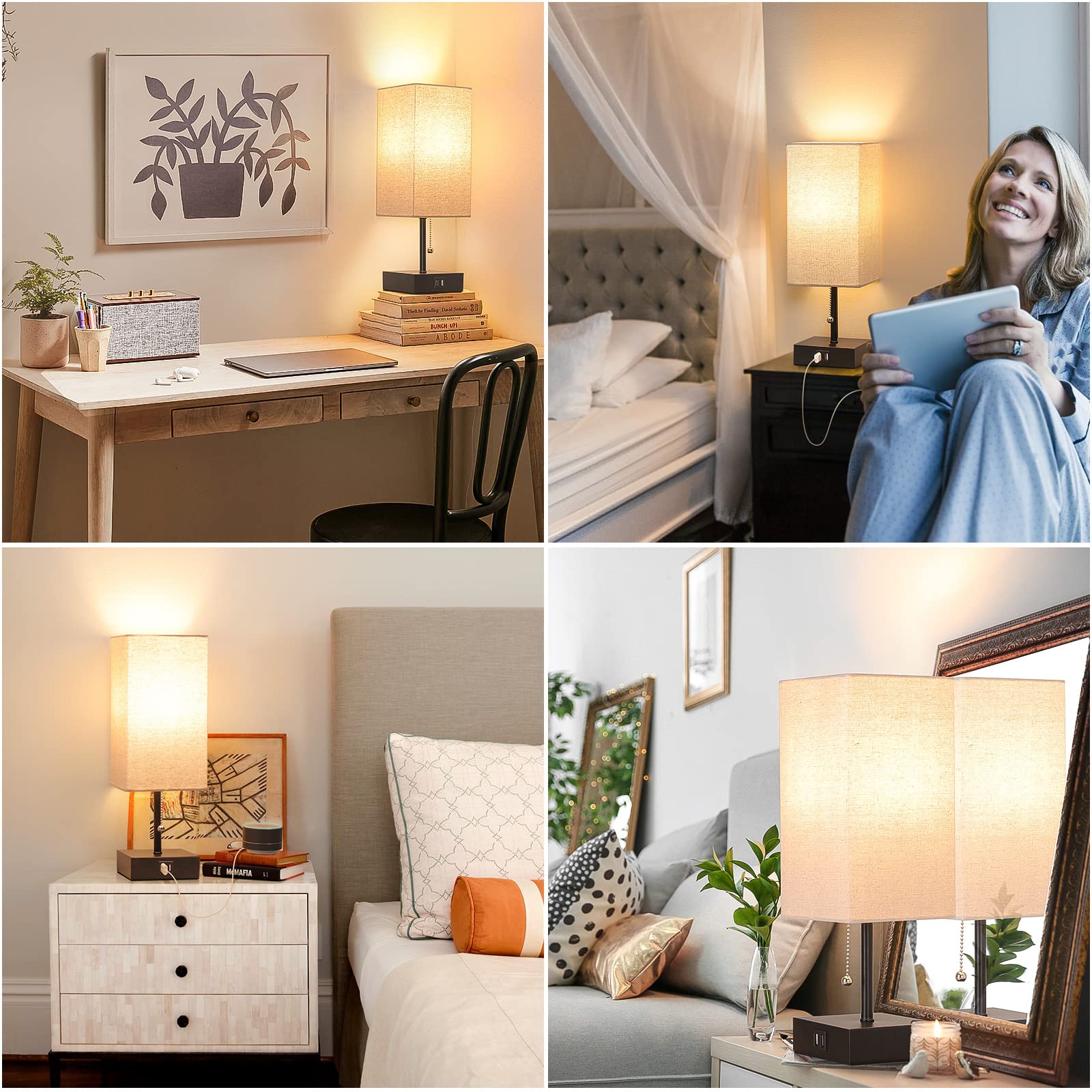Ggoying Bedside Table Lamp, Pull Chain Table Lamp With Usb C+A Charging Ports, 2700K Led Bulb, Fabric Linen Lampshade, Nightstand Lamp For Livingroom Bedroom Office Reading Working