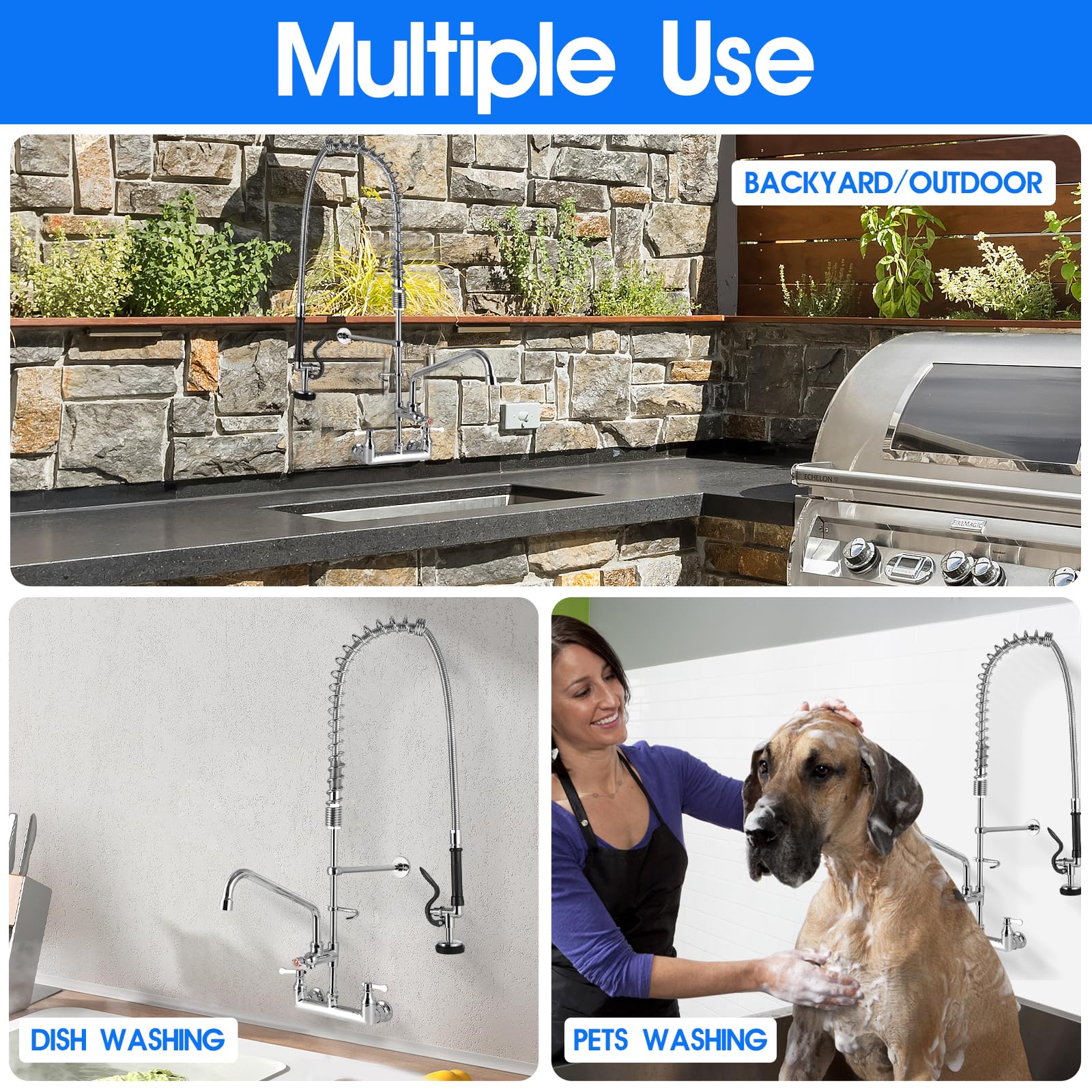 Oierzin Commercial Faucet Wall Mount With Sprayer 36" Height, 8 Inch Center Brass Constructed Wall Mount Kitchen Sink Commercial Faucet With Pull Down Pre Rinse Sprayer And 12" Add-On Spout