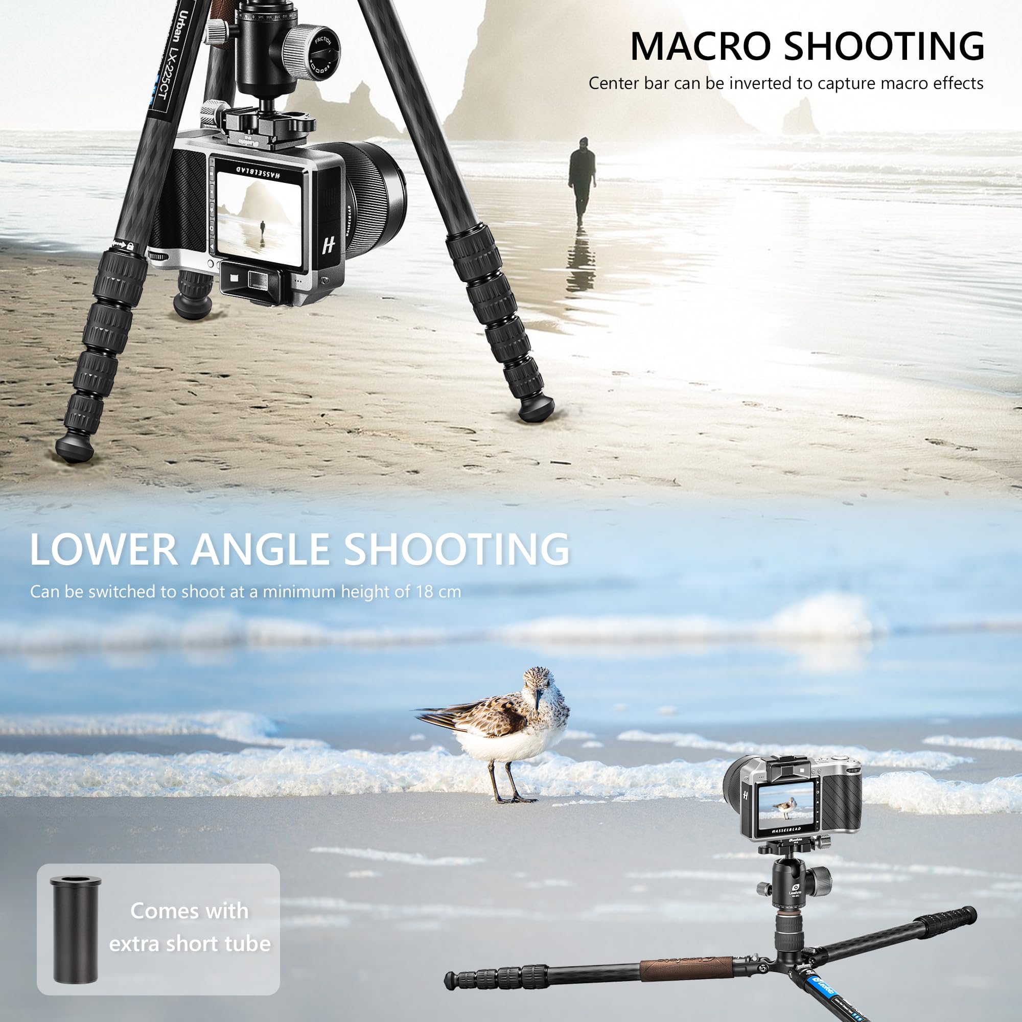 Leofoto Lightweight Carbon Fiber Reversible Folding Travel Tripod With Ball Head, Removable Center Column, Folded Height 36Cm, Maximum Load 6Kg（Lx-225Ct+Xb-32Q）