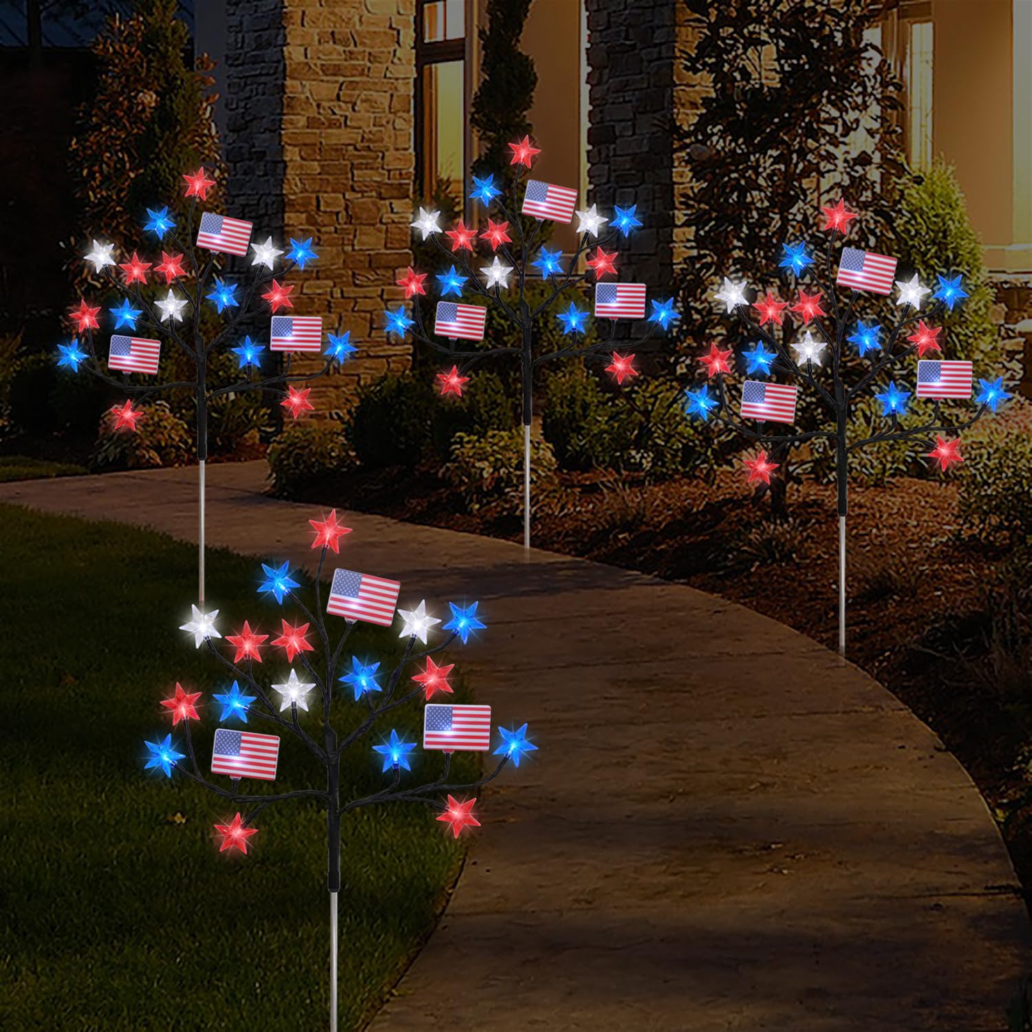 Hugsvik 4 Packs 80Led 4Th Of July Decorations Outdoor, Red White And Blue Solar Lights With Stars & American Flags, Outdoor Memorial Day Decorations Patriotic Lights For Yard Pathway Garden