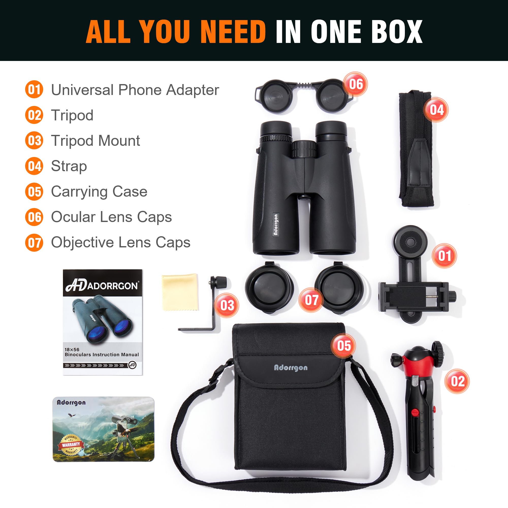 Adorrgon 18X56 Hd Binoculars For Adults High Powered With Phone Adapter And Tripod, Super Powerful Bak4 Prism Fmc Waterproof Binocular With Clear Low Light Vision, Binoculars For Hunting Bird Watching Travel
