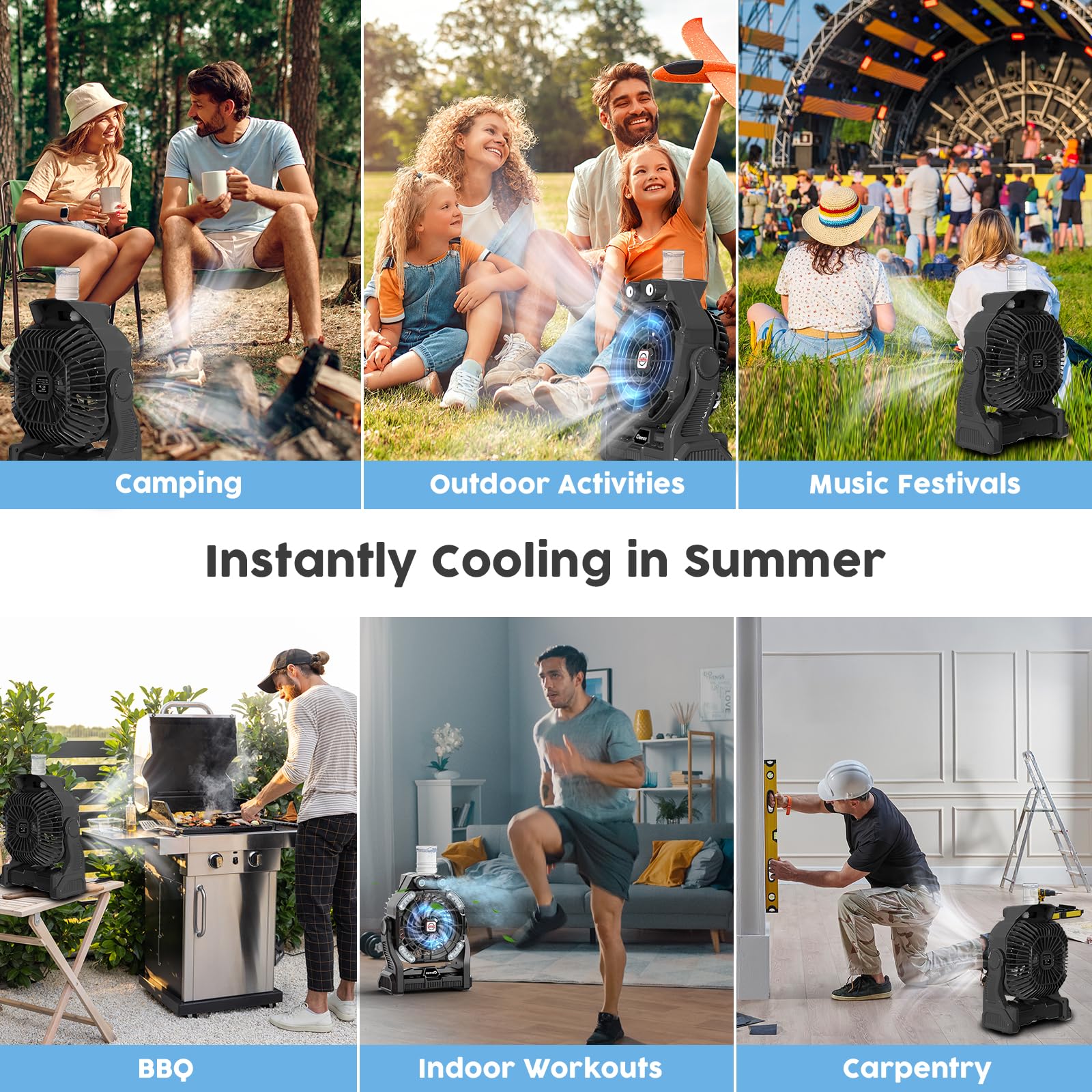 Large Camping Fan With Mister Rechargeable Long Lasting Portable Battery Powered Water Misting Fan