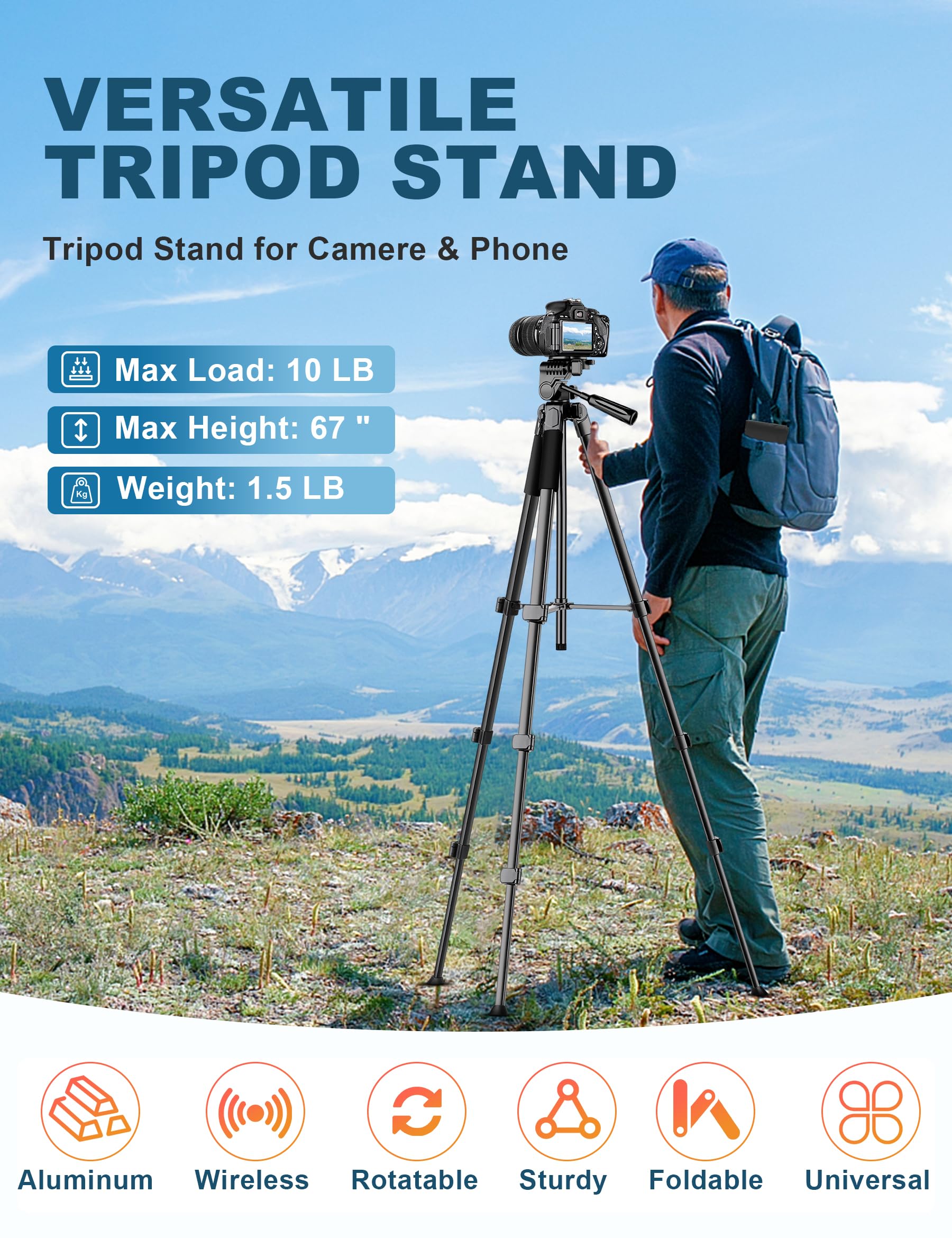 Nineigh Phone Camera Tripod, 67“ Dslr Tripod Stand With Remote Phone Holder, Aluminum Travel Tripods For Photo, Video Recording