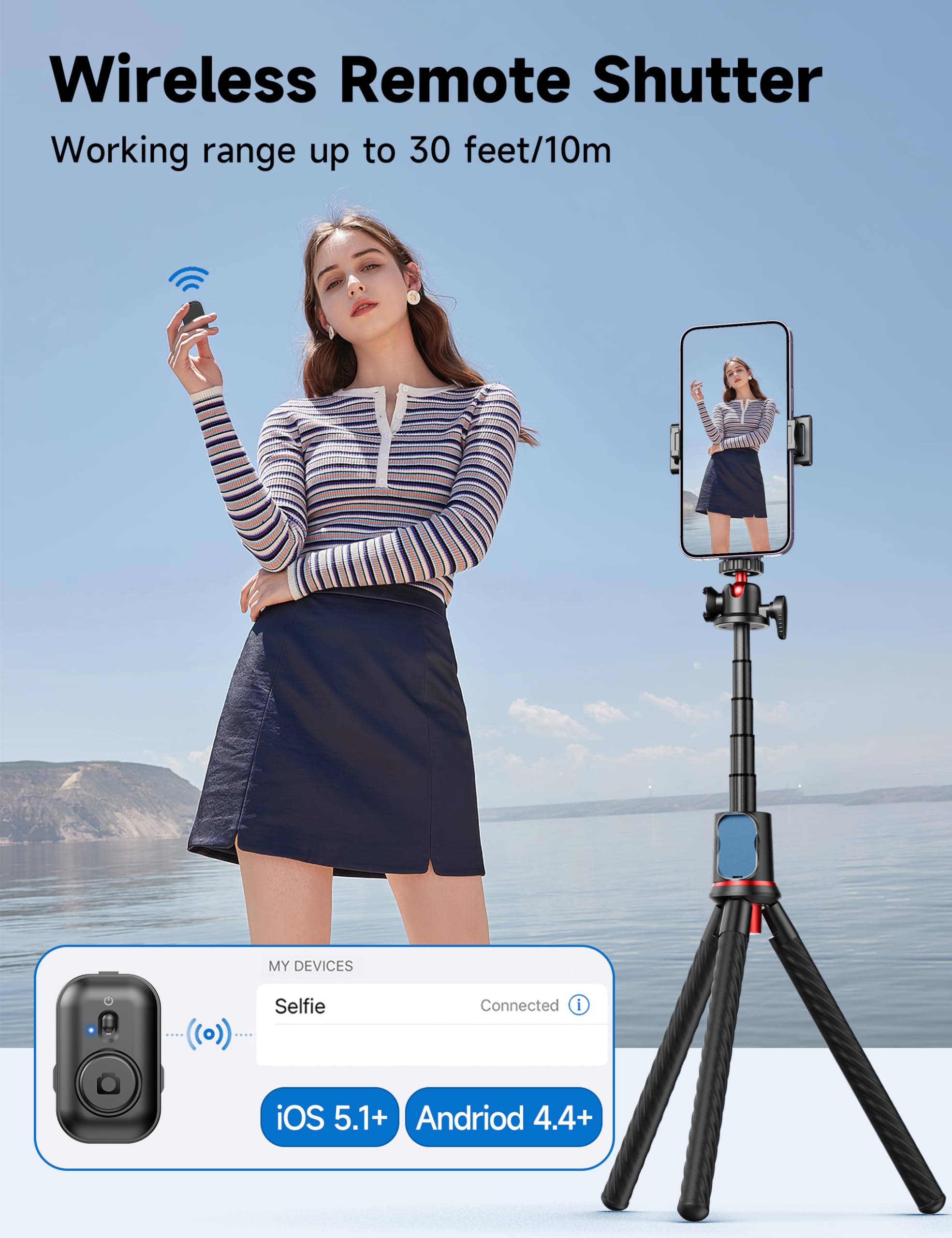 Selfieshow Tripod For Iphone, Extendable Flexible Camera Tripod With Wireless Remote, 360 Ball Head Portable Travel Selfie Stick Cell Phone Stand For Live Streaming Vlogging, Compatible With Cellphone, Camera