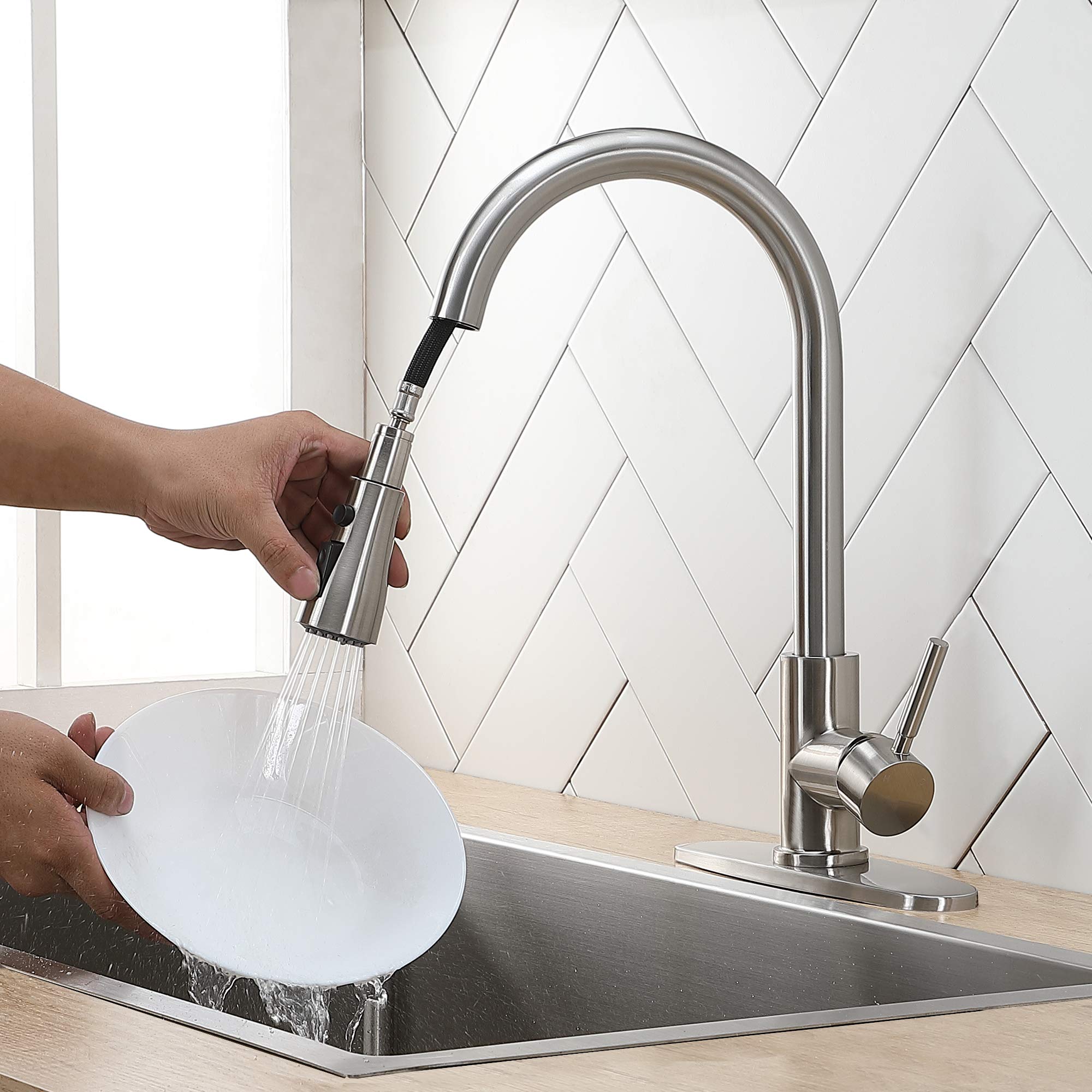 Ikebana Kitchen Faucet With Sprayer, Brushed Nickel Kitchen Faucet, High Arc Single Handle Single Hole Stainless Steel Pull Out Kitchen Sink Faucet With Deck Plate Faucet For Kitchen Sink