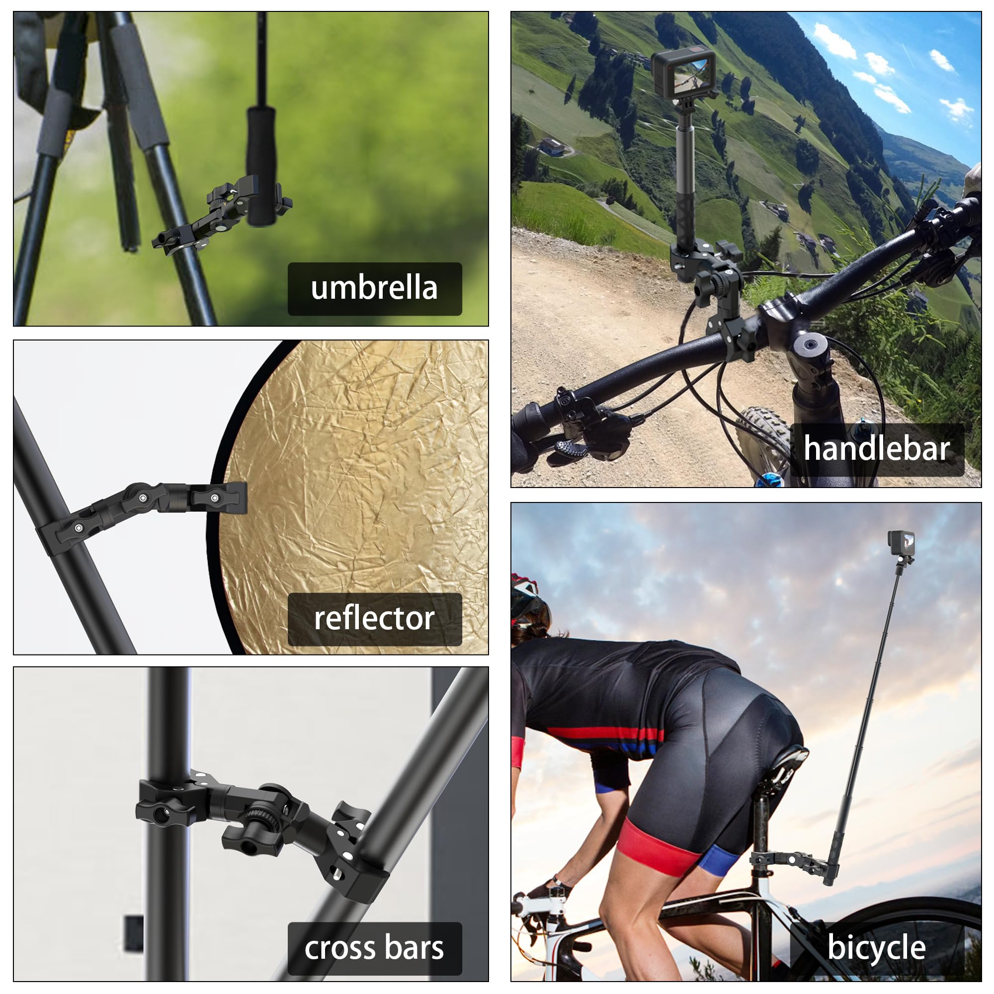 Rgbtek Double Clamp Mount Bracket Magic Arm With 1/4" Screw Interface, Double Camera Clamp For Umbrella Clamp, Photo Studio Light Stand, Bike, Motorcycle, Pole, Cross Bars, Chair, Photography Reflector, Flag