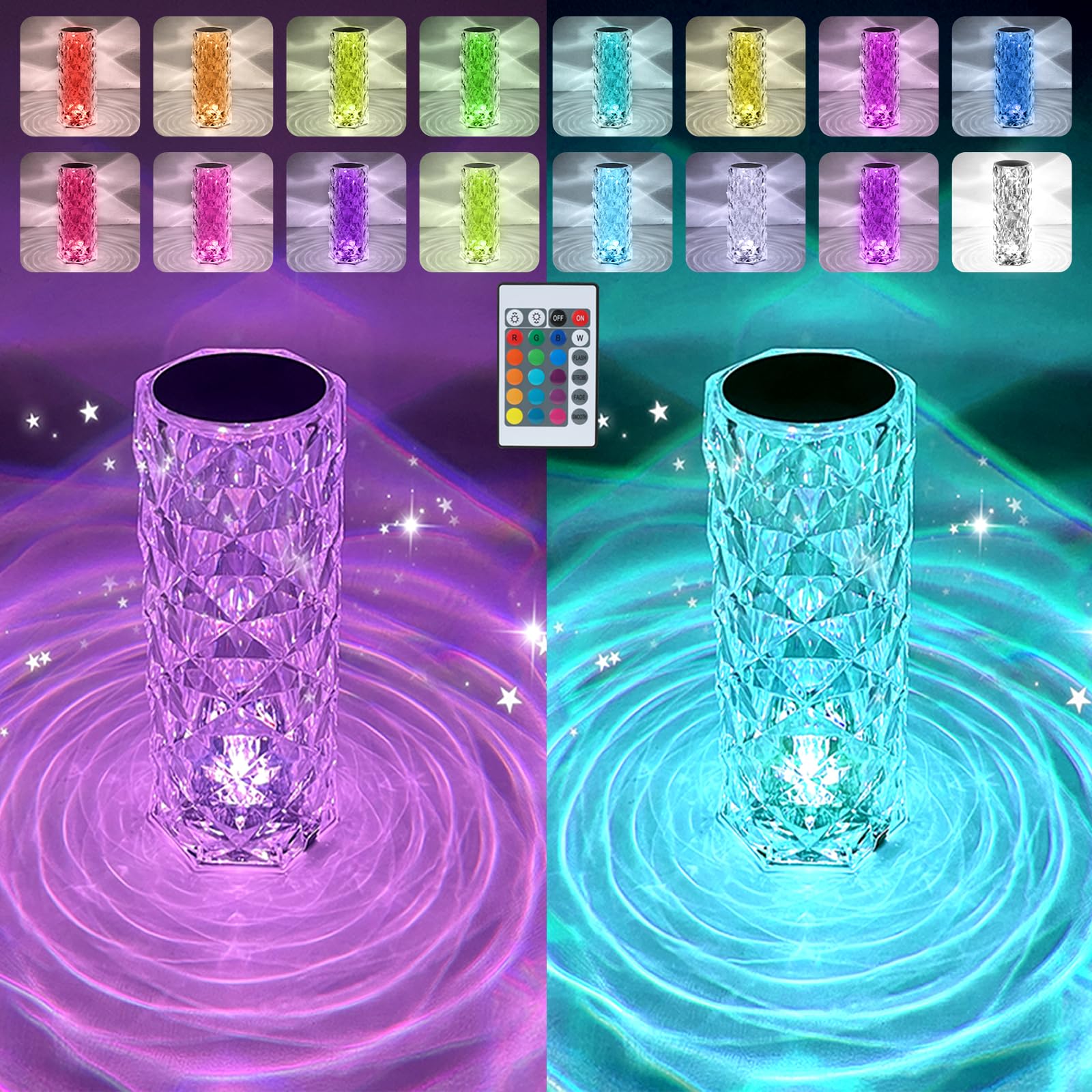 Deogos 2 Pack Crystal Table Lamp, Remote And Touch Control Rose Wave Lamp, Rgb Color Changing Night Light, Dimmable, Usb Rechargeable Decoration Ambient Lighting For Dinner/Bars/Game Room/Living Room/Bedroom