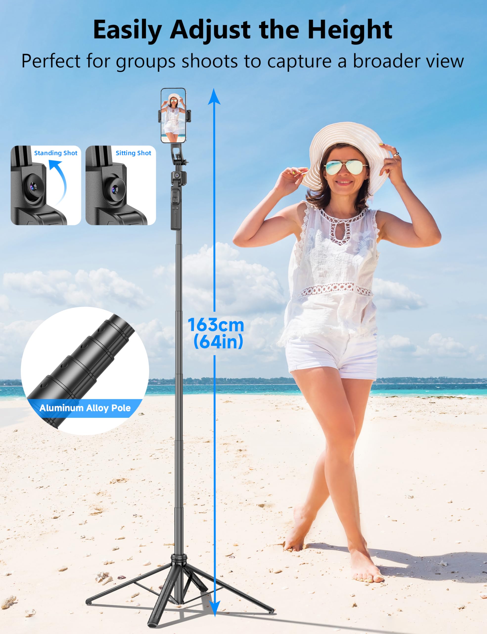 Qirita 64'' Auto Face Tracking Tripod 360 Rotation With Stand, Handheld Stabilization, Aluminum Quadrapod Selfie Stick Phone Tripod With Remote Compatible With Iphone, Android For Tiktok, Live Streaming