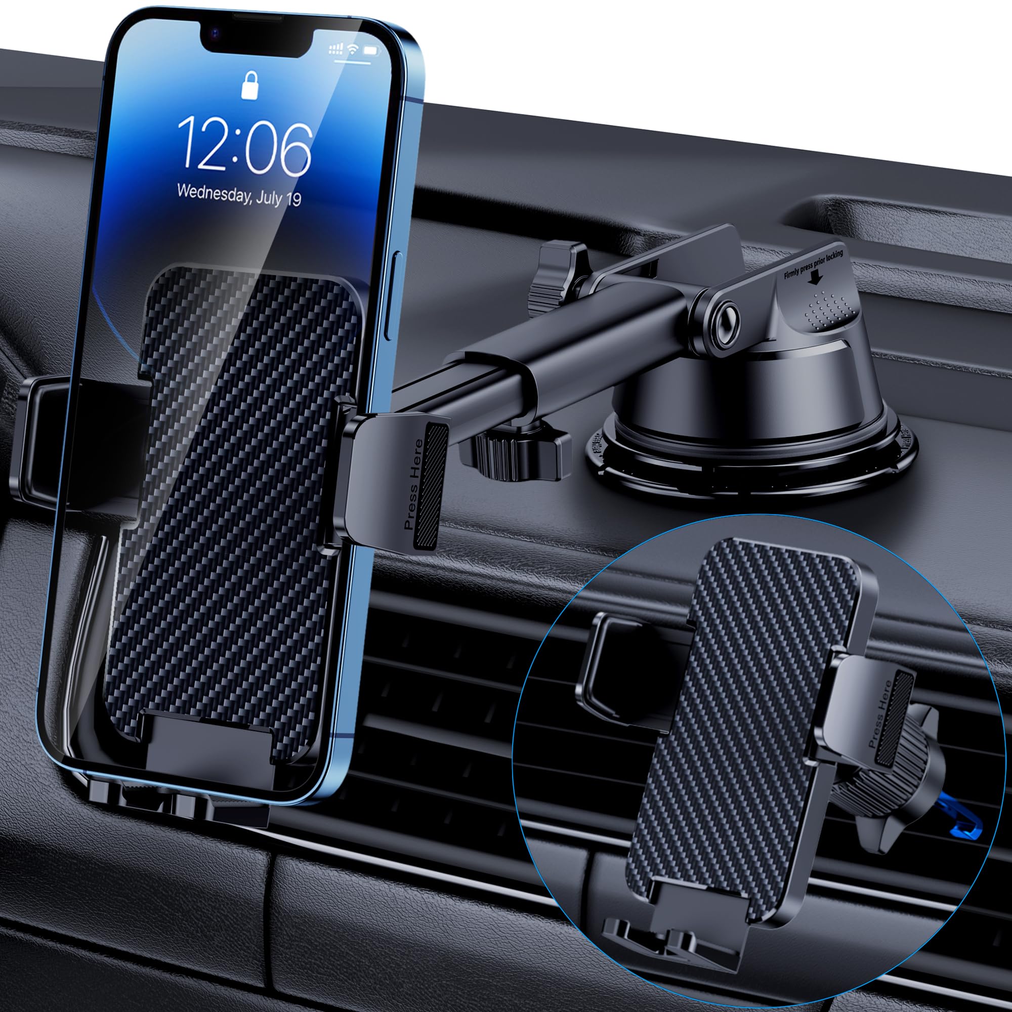 Guwez Phone Holder Car [Military Grade Suction Ultra Strong Base] Cell Phone Car Holder 3 In 1 Dashboard Windshield Air Vent Hands- For Iphone Android Phones