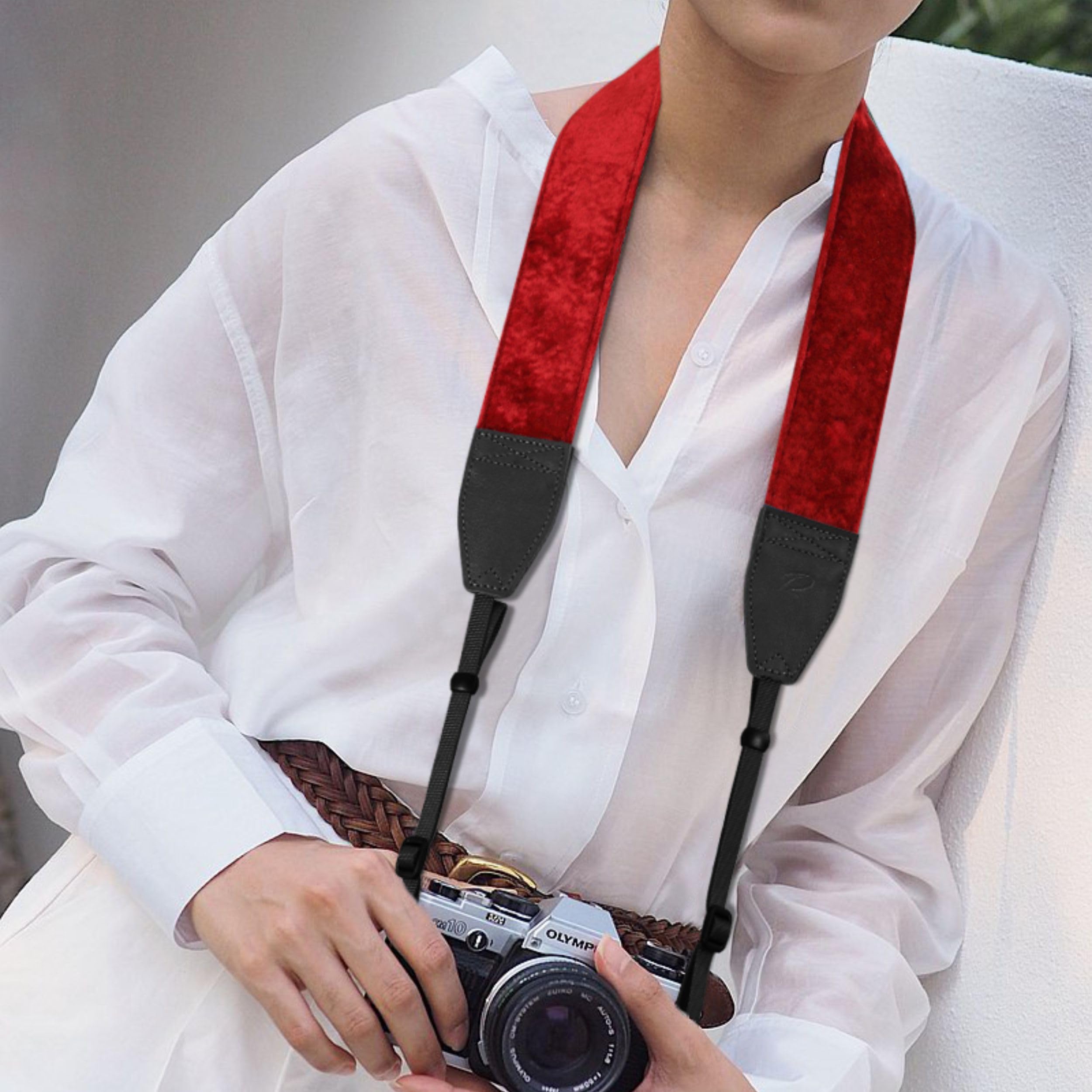 Padwa Lifestyle Velvet Camera Strap - 2" Wide Full Grain Cowhide Head Soft Velvet Straps For Photographers,Complimentary 2 Pcs Quick Release For All Dslr,Slr,Mirrorless Cameras,Binoculars - Ruby Red