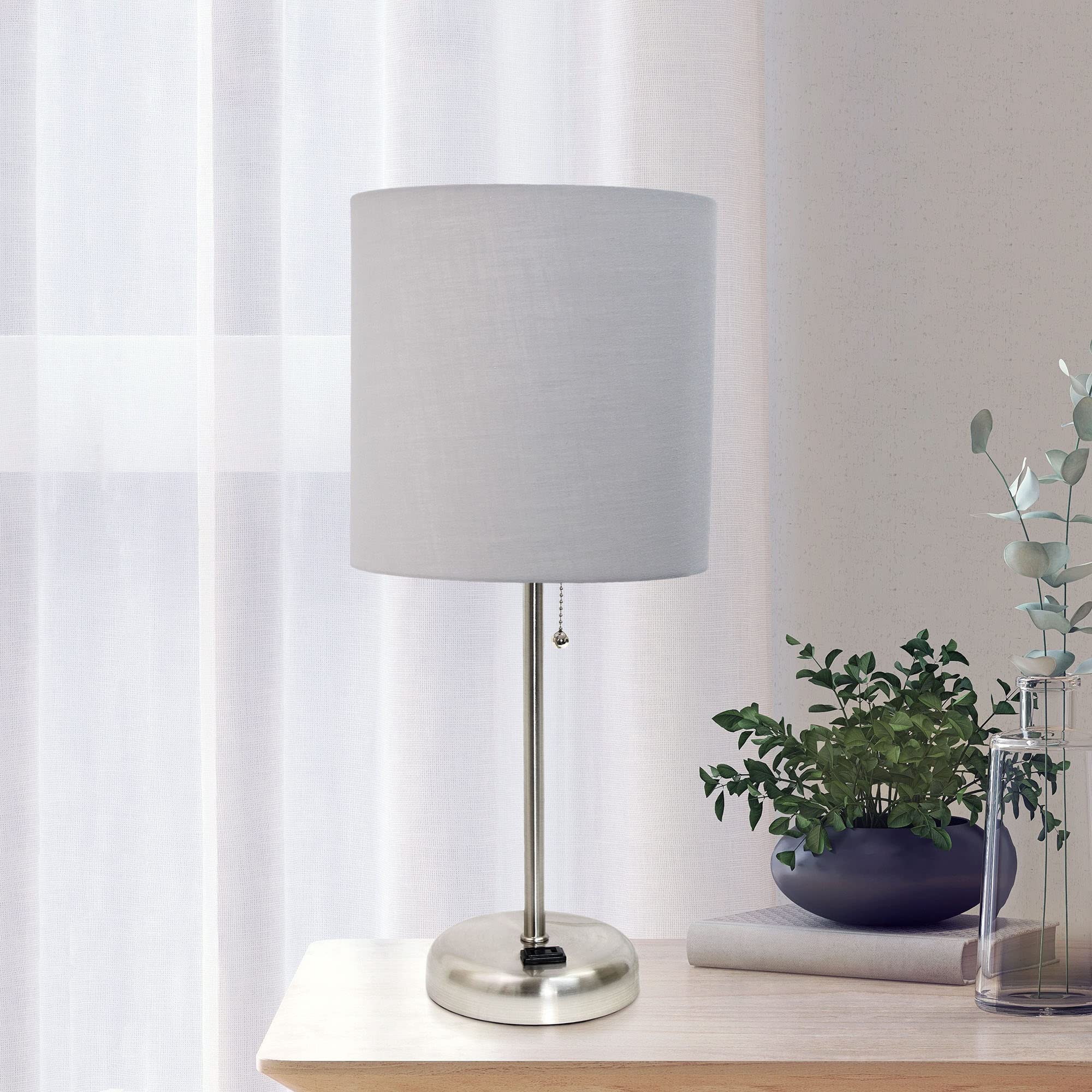 Creekwood Home Oslo 19.5" Contemporary Bedside Power Outlet Base Standard Metal Table Desk Lamp In Brushed Steel With Gray Drum Fabric Shade