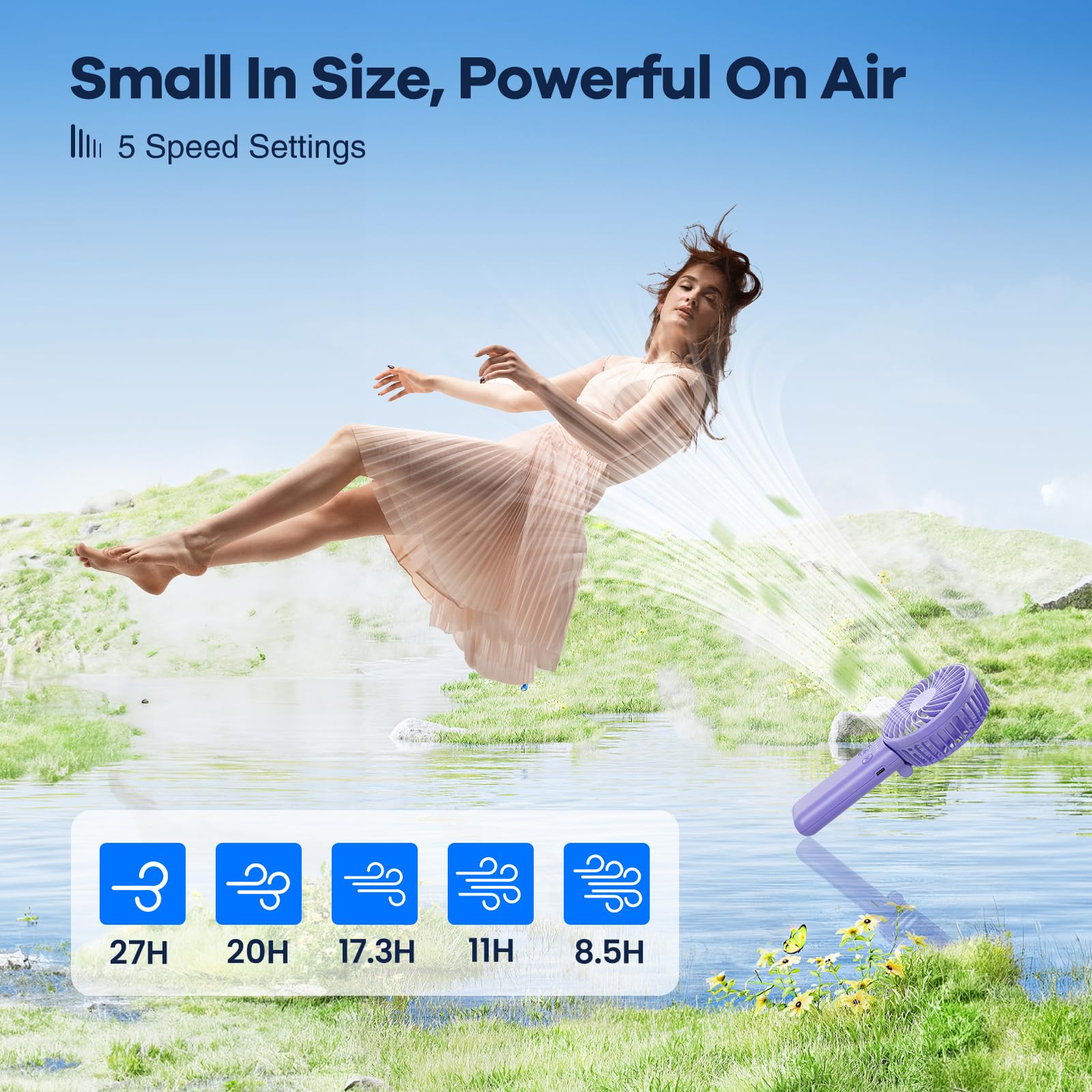 Handfan Handheld Fan, 5 Speeds Strong Airflow Hand Fan [Max 27 Working Hours], 180° Foldable Compact