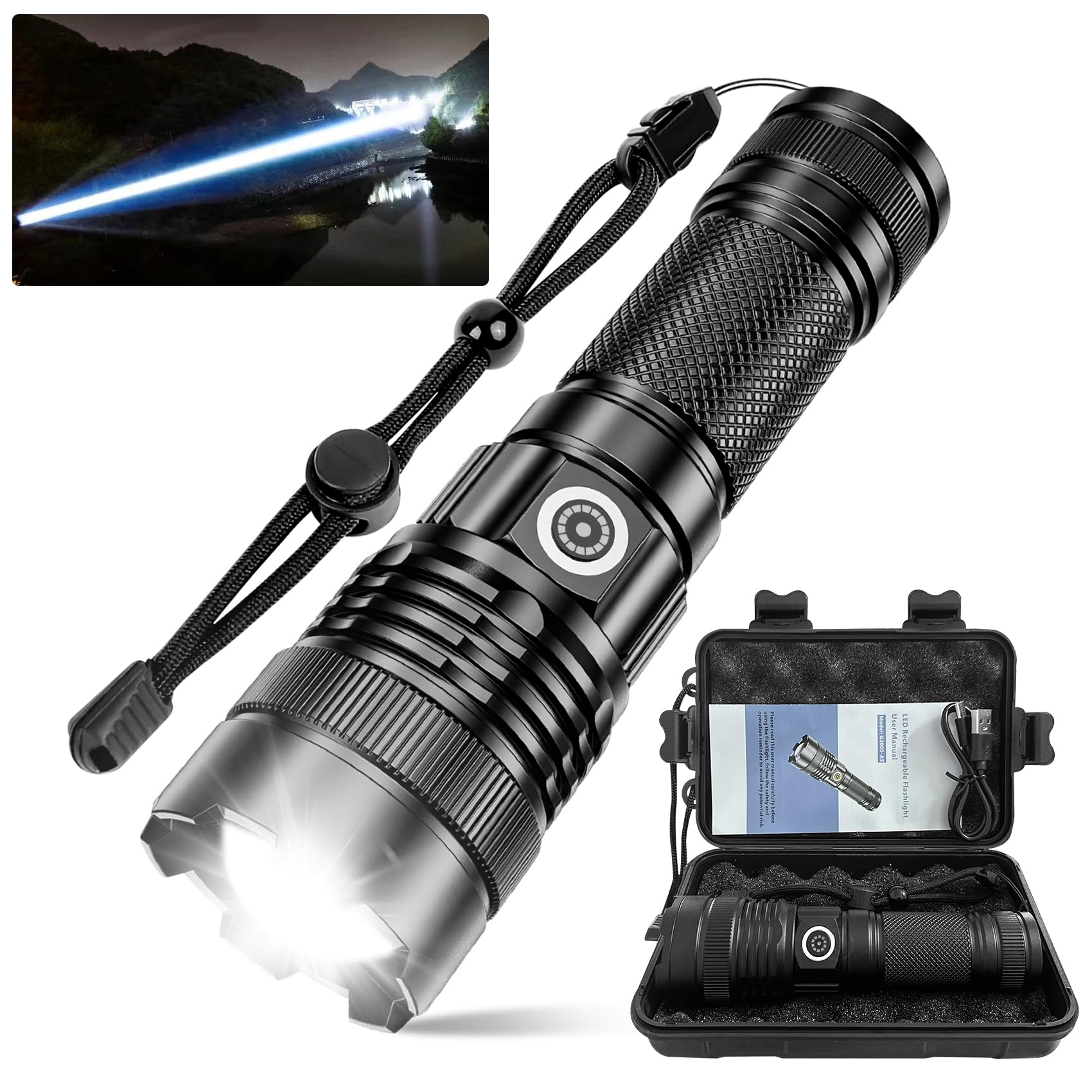 Annteneo Rechargeable Flashlights High Lumens - 25000 Lumen Super Bright Spotlight Led Flashlight, 4 Modes Tactical Flash Light Powerful Flashlight For Home Emergency Camping(With Case)