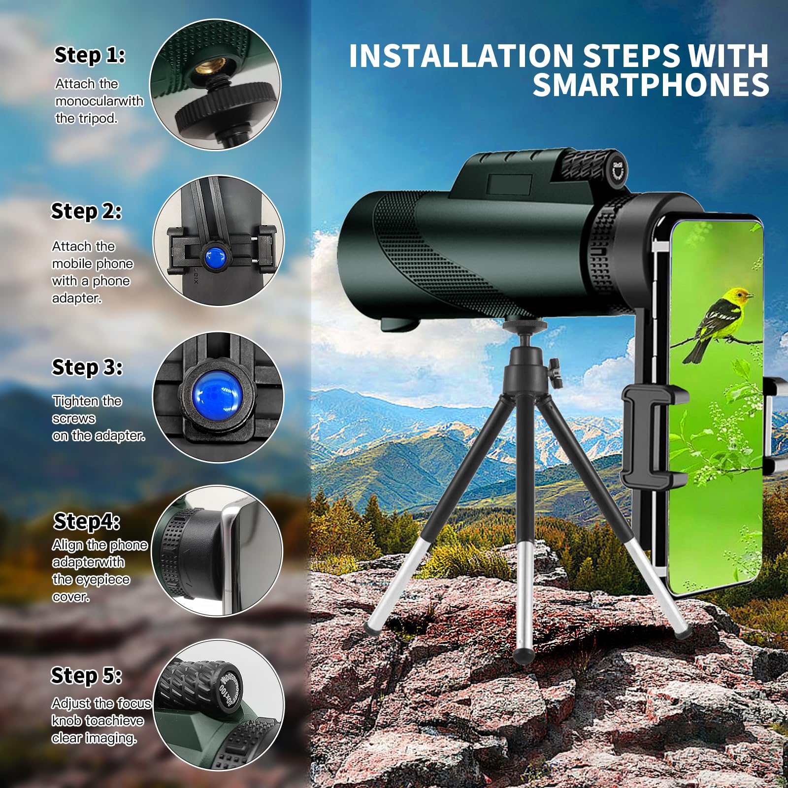 Budatao 10X42 Hd Monocular Telescope For Adults, High Powered Compact Bak-4 Prism & Fmc Lens, With Smartphone Holder & Tripod, Stargazing Hunting Bird Watching, Camping Hiking Travel Accessories (Green)