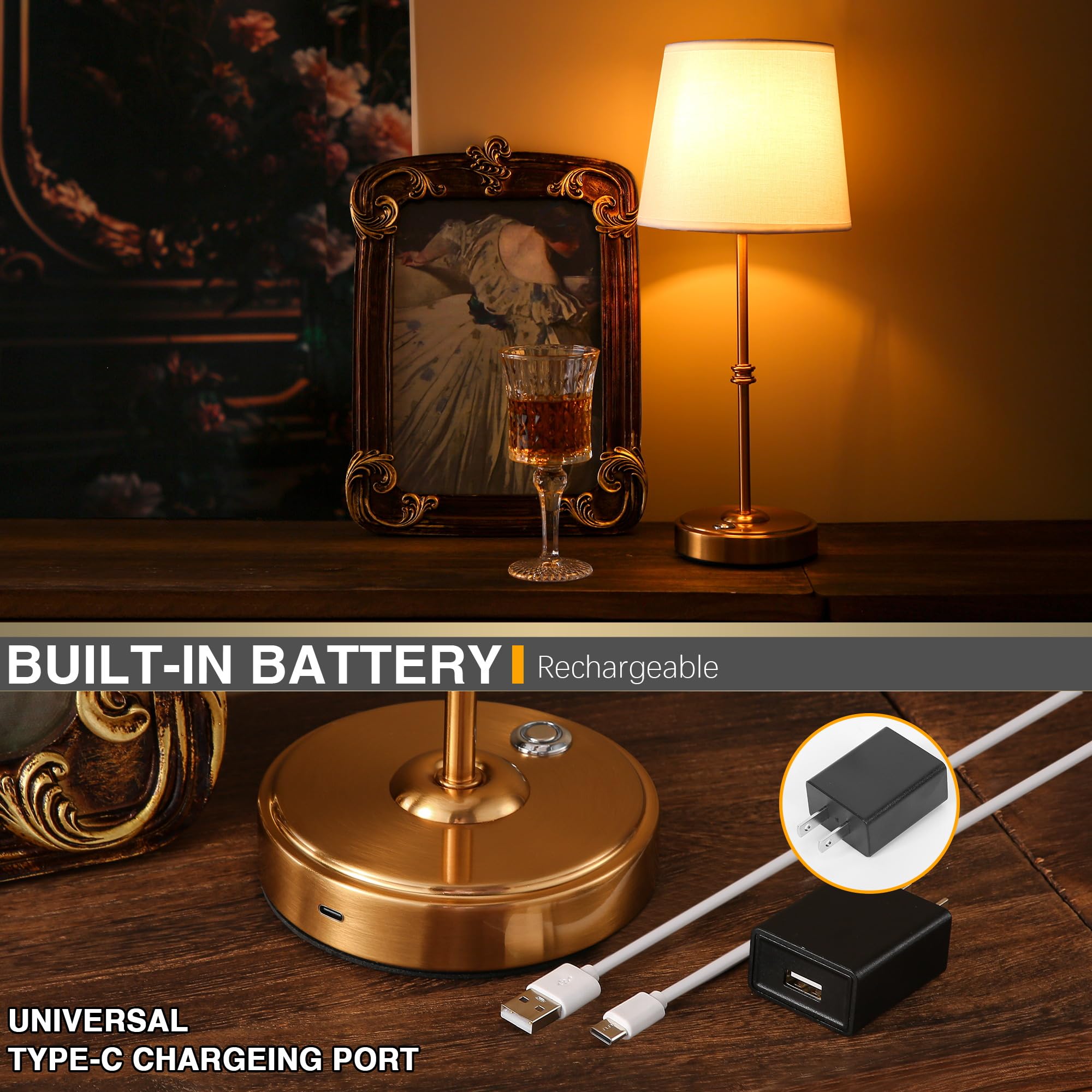 Anxingtools Rechargeable Led Cordless Table Lamp, 5200Mah Battery Operated, 3 Level Brightness, Portable Night Bedside Lamp, Ambient Desk Light For Home Decor, Patio, Restaurant, Dinning(Antique Brass)