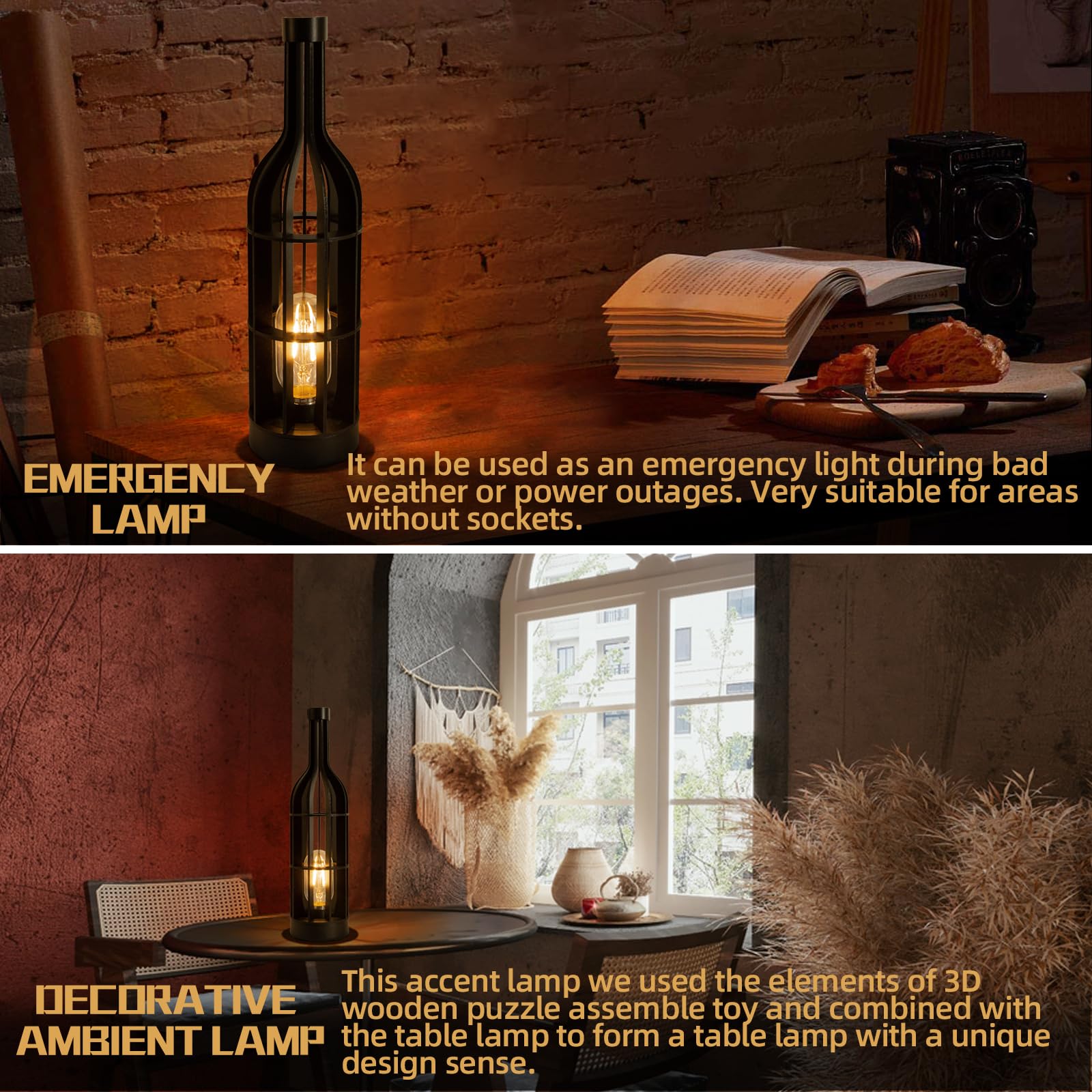 Mj Premier Battery Operated Cordless Lamps Timer, Wooden Wine Bottle Shape Table Lamp, Portable Emergency Lamp For Area No Plug, Decorative Accent Lamp For Tabletop/Corner/Entryway/Stairway/Bathroom (Jet Black)