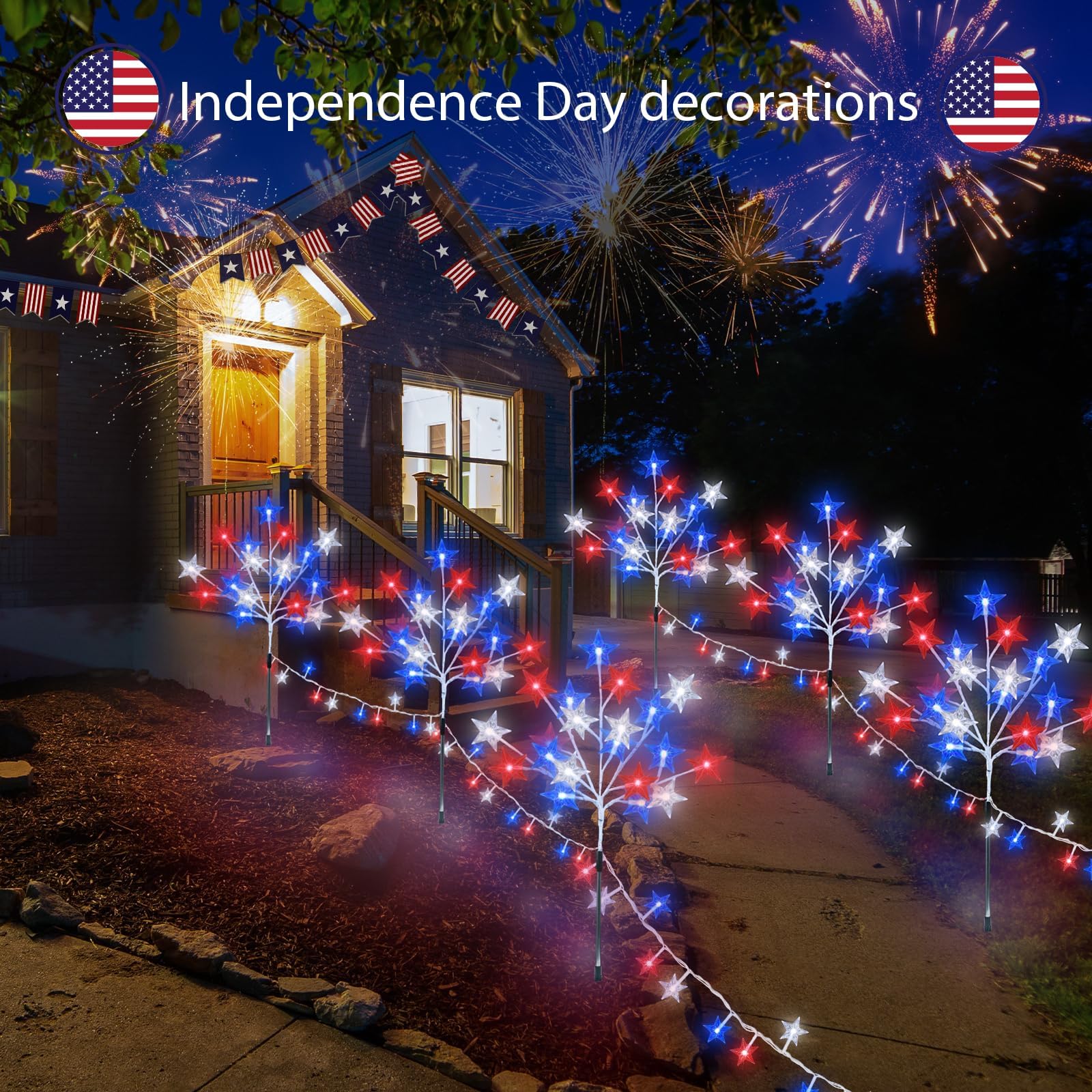Kenburg 4Th Of July Decorations, 4 Packs Red White And Blue Stars Pathway Lights, 8 Modes Stake Light Patriotic Decor Outdoor Lights For Memorial Day Independence Day Yard Grave Garden Lawn