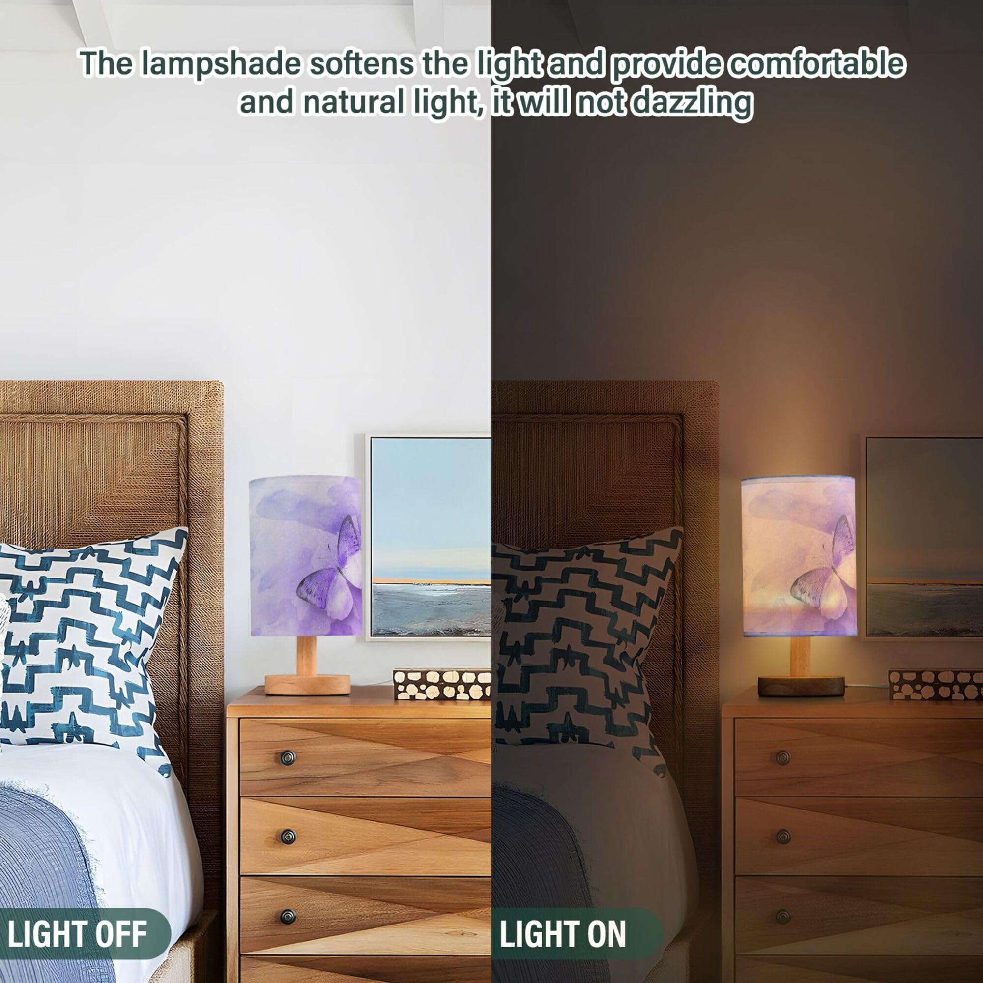 Yyzzh Table Lamp Watercolor Purple Butterfly Galaxy Nightstand Lamp With Wood Base Fabric Lamp Shade Bedside Desk Lamp For Living Room Bedroom Kids Room Office