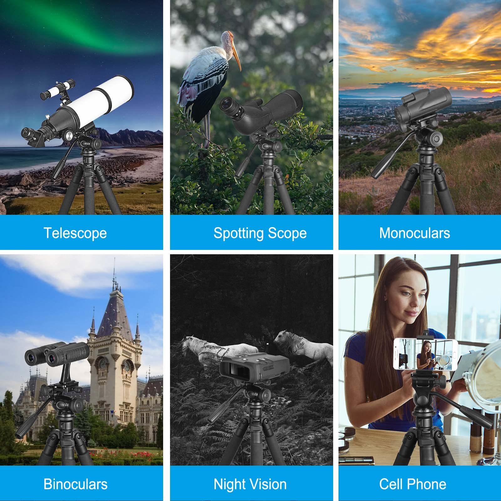 Celticbird 64.5 Inch Travel Portable Tripod- Compatible With Slr Cameras, Cell Phones, Binoculars, Spotting Scopes, Monoculars